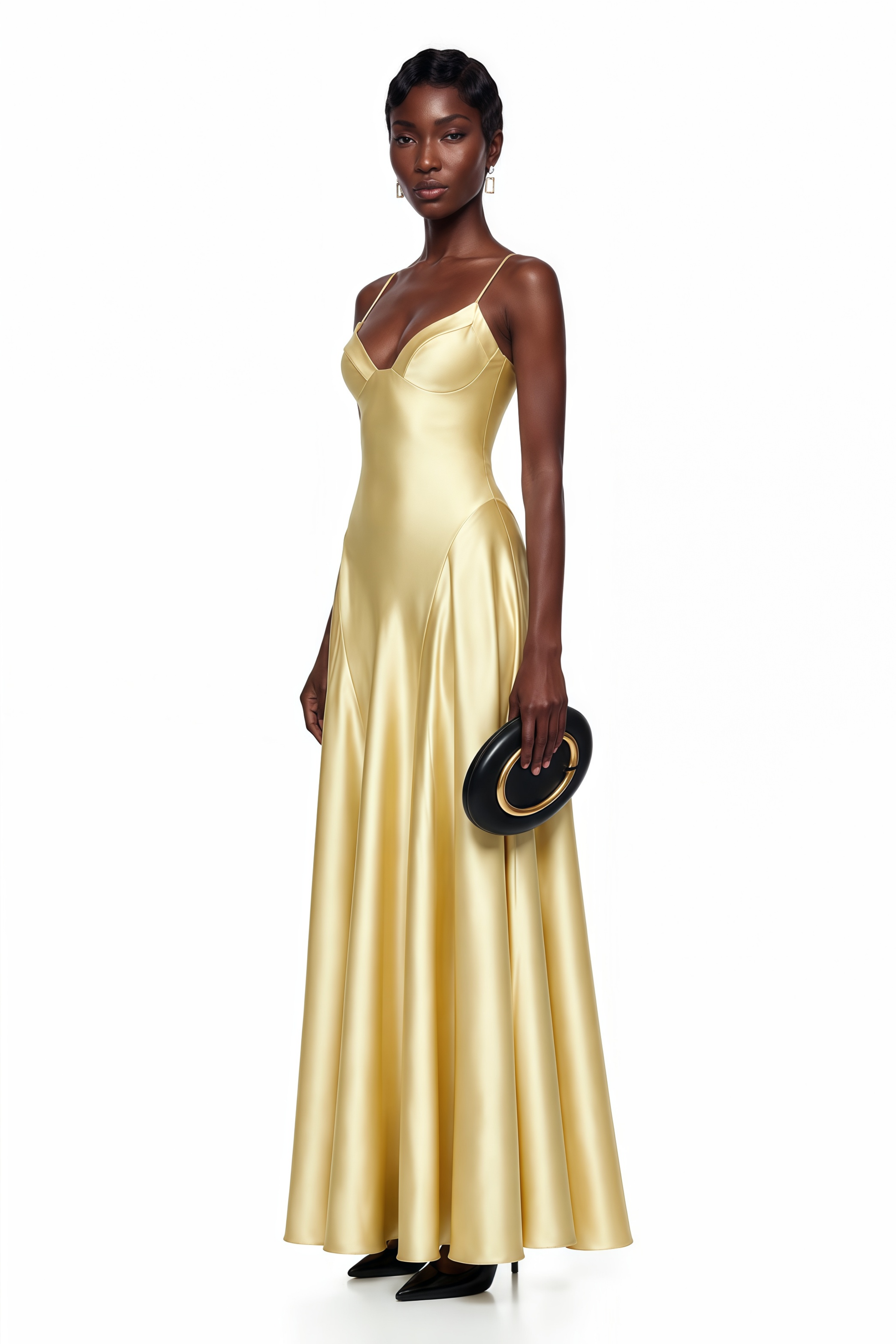 Salomé Yellow V-Neck Flared Satin Maxi Dress