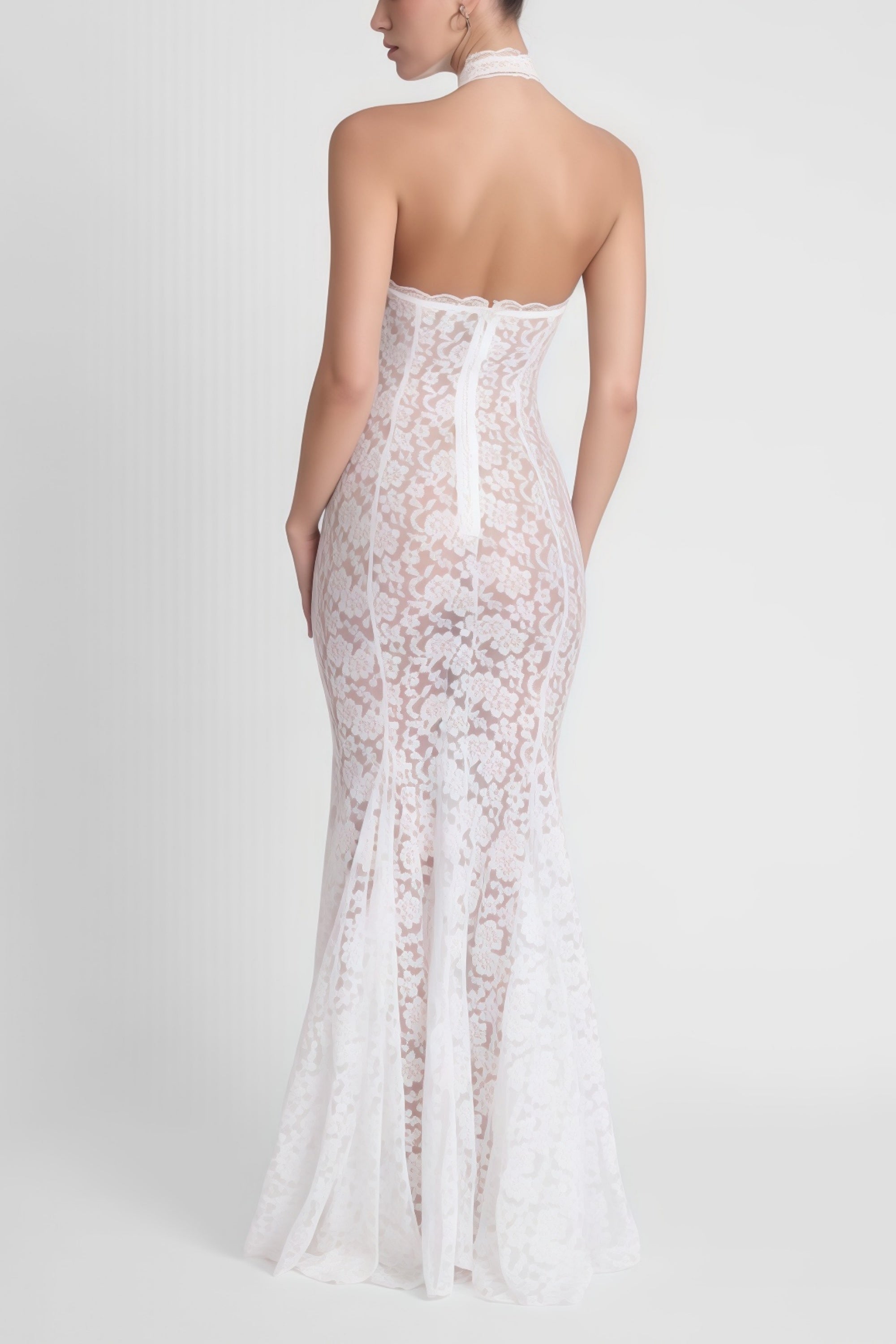 Solange White Halterneck Floral Lace Maxi Dress