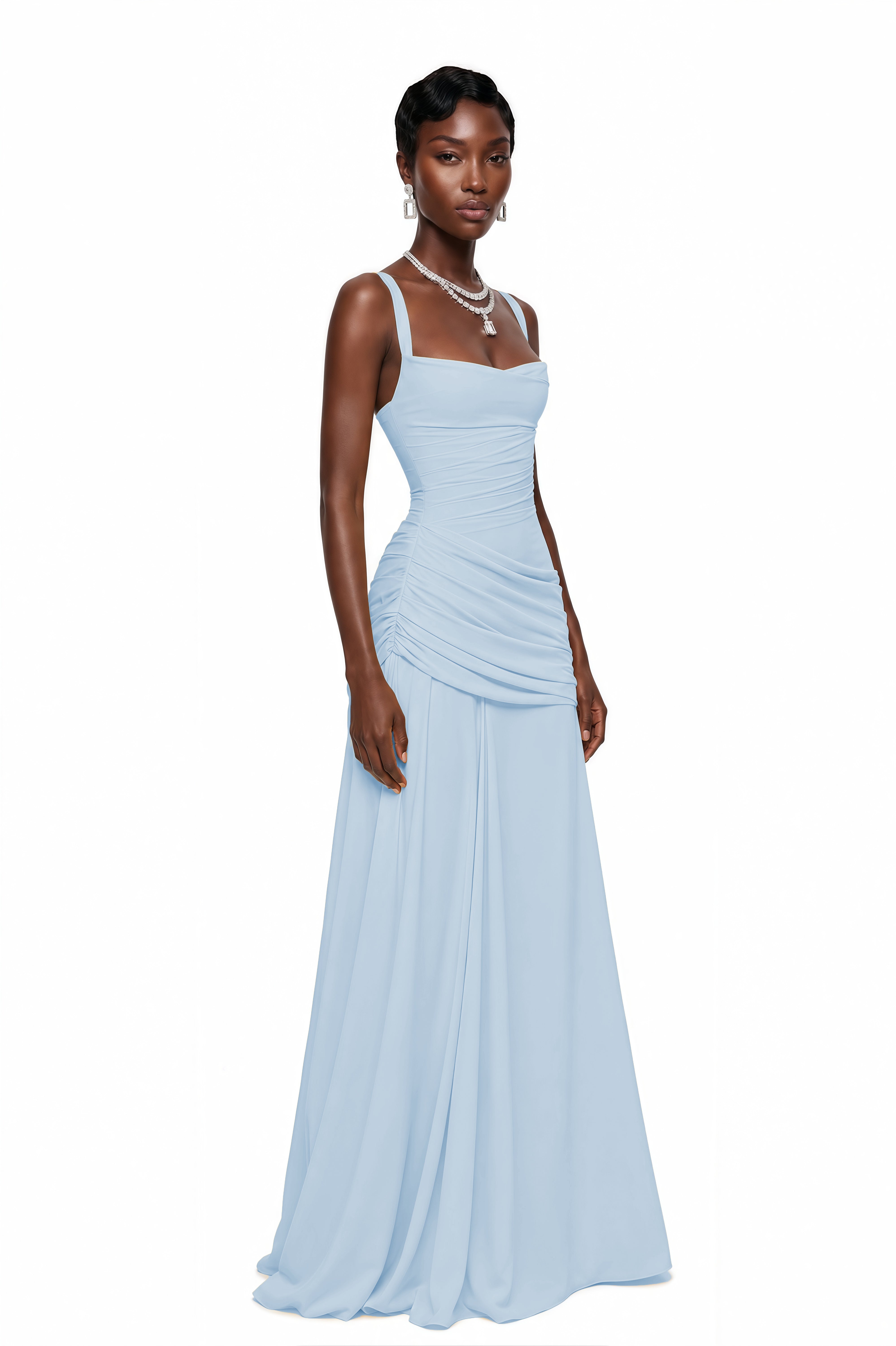 Sanne Blue Square Neck Ruched Maxi Dress
