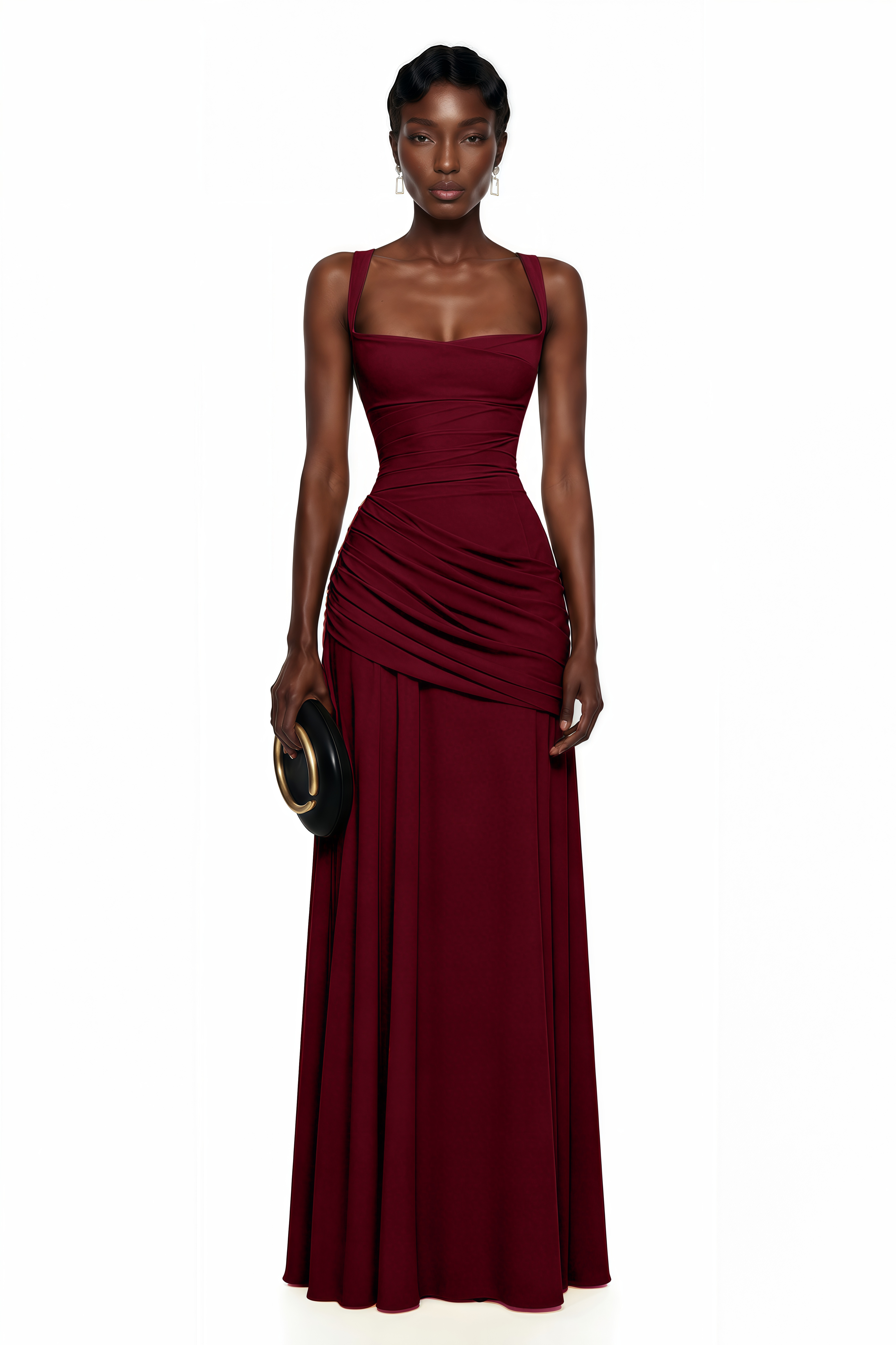 Sanne Red Square Neck Ruched Maxi Dress