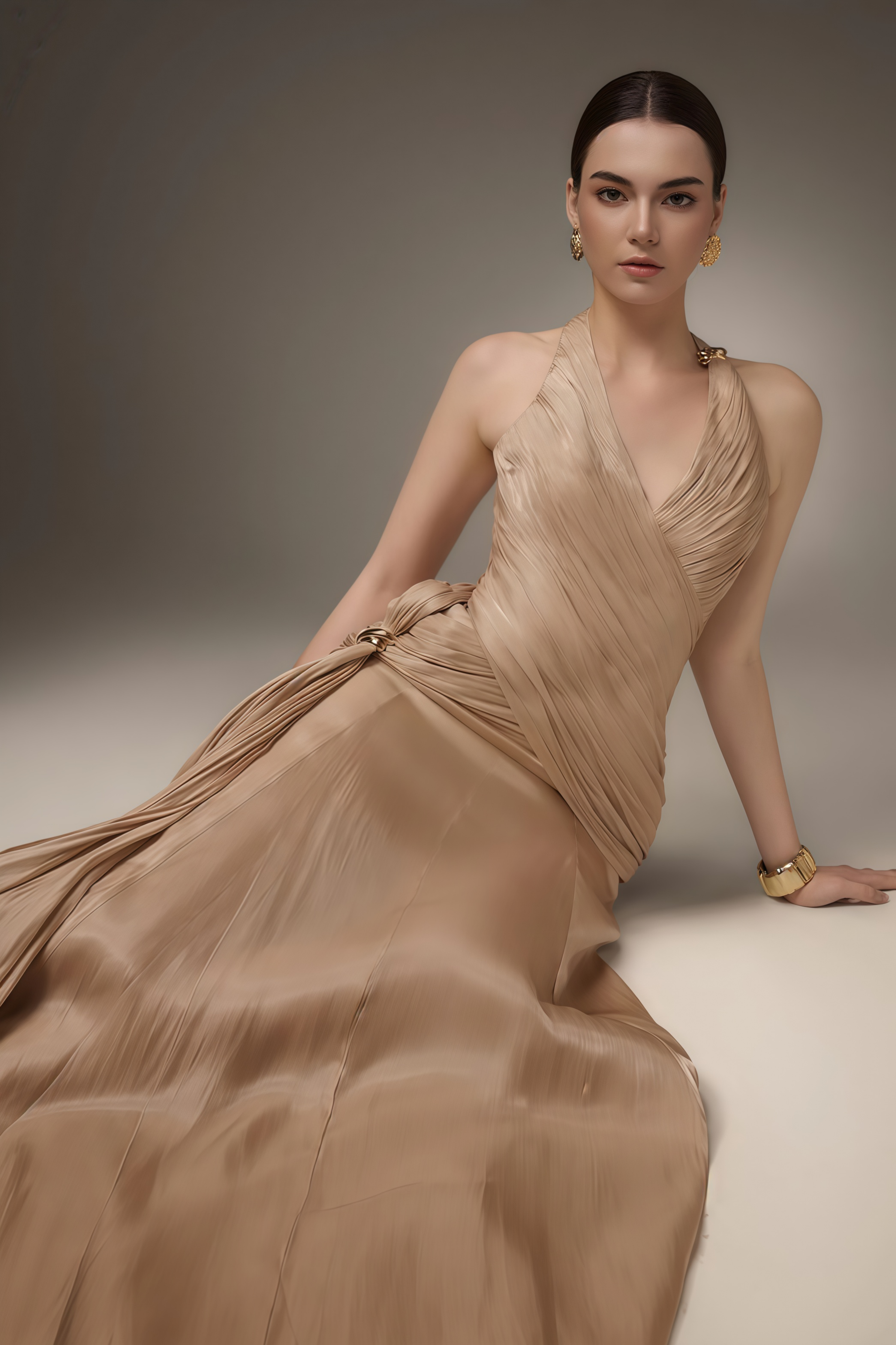 Sapir – bronzefarbenes Maxikleid aus Satin mit Neckholder und Schleife