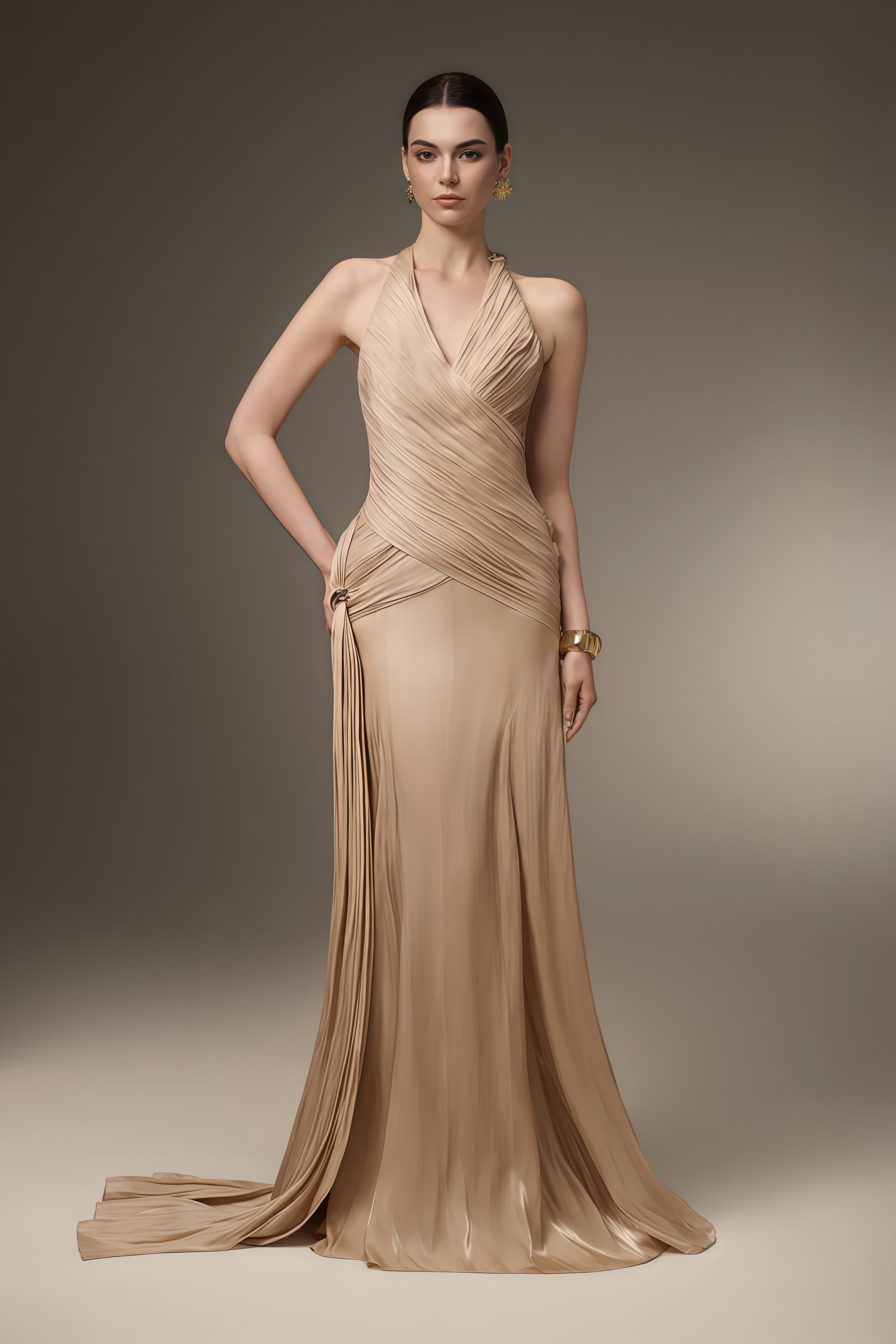 Sapir – bronzefarbenes Maxikleid aus Satin mit Neckholder und Schleife