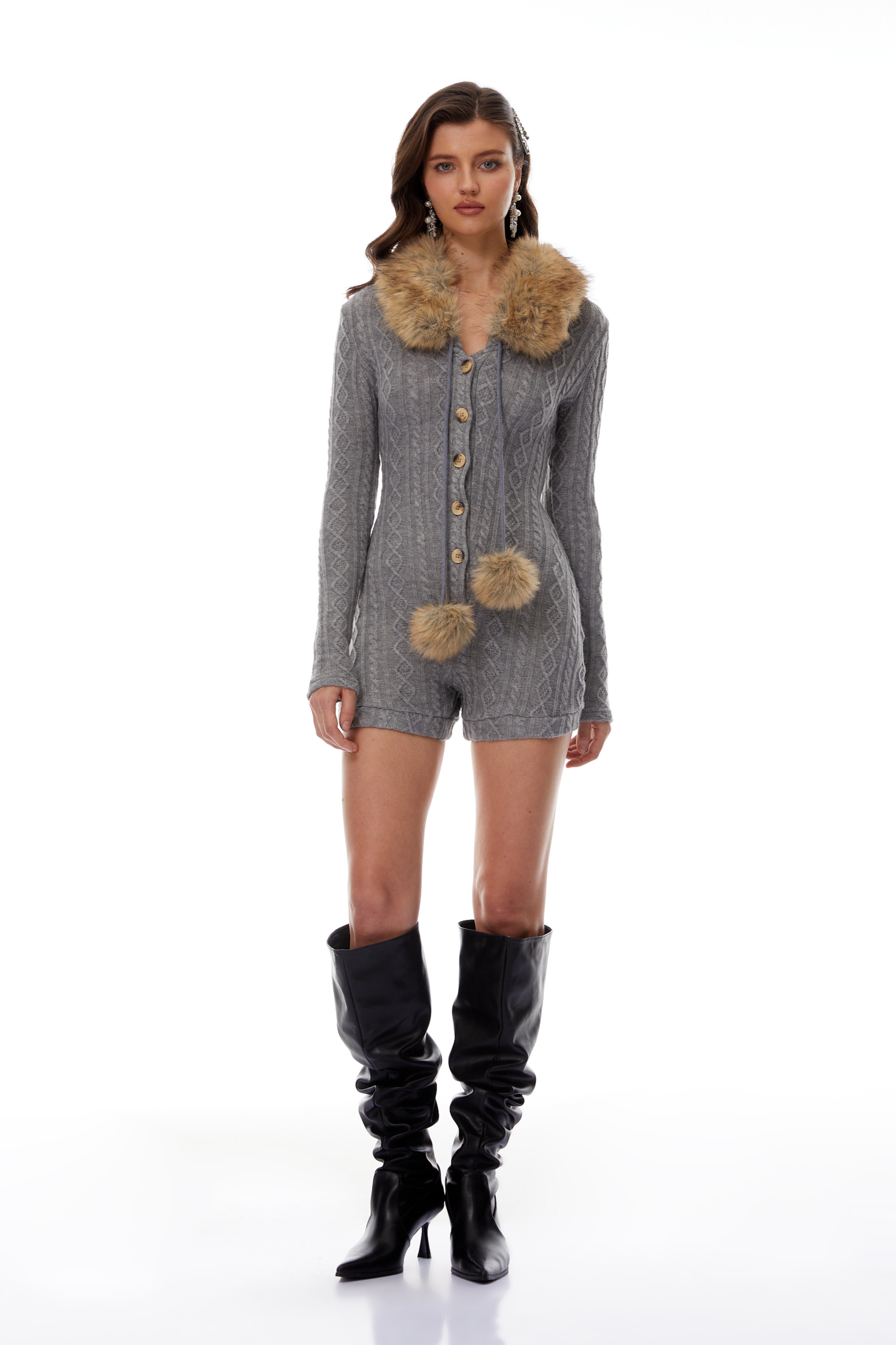 Saskia Grey Fur Trim Stretch Rib-Knit Playsuit