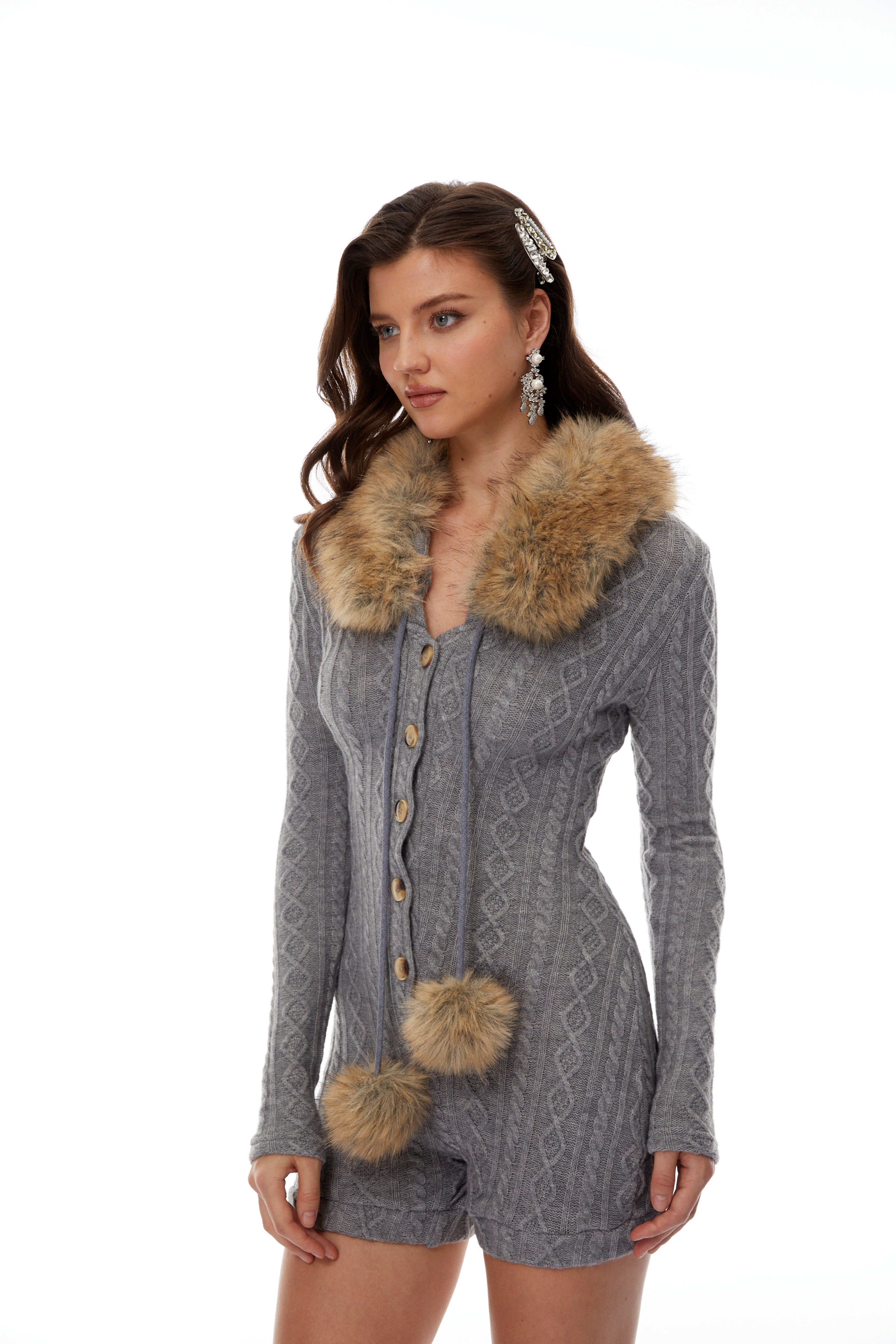 Saskia Grey Fur Trim Stretch Rib-Knit Playsuit