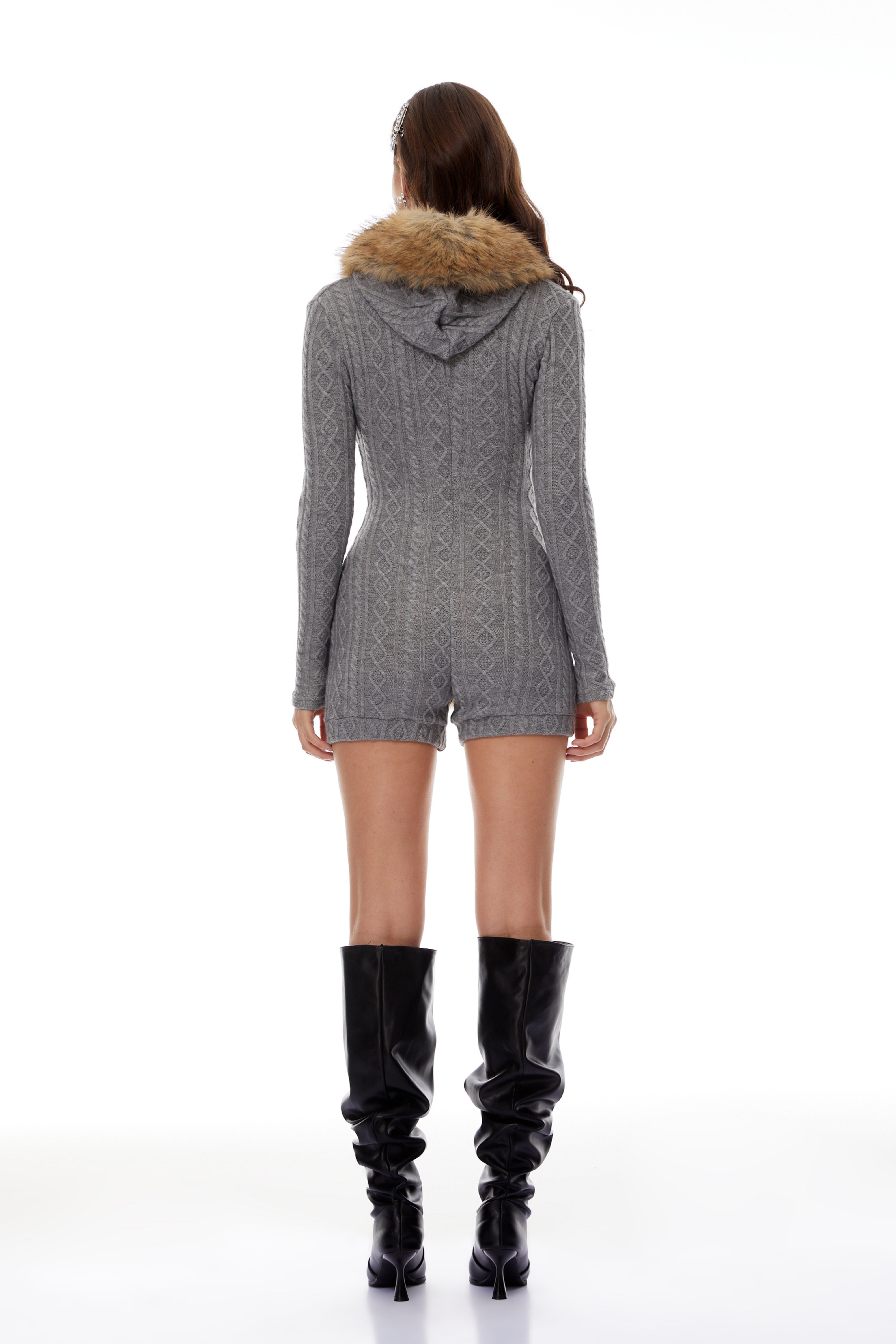 Saskia Grey Fur Trim Stretch Rib-Knit Playsuit