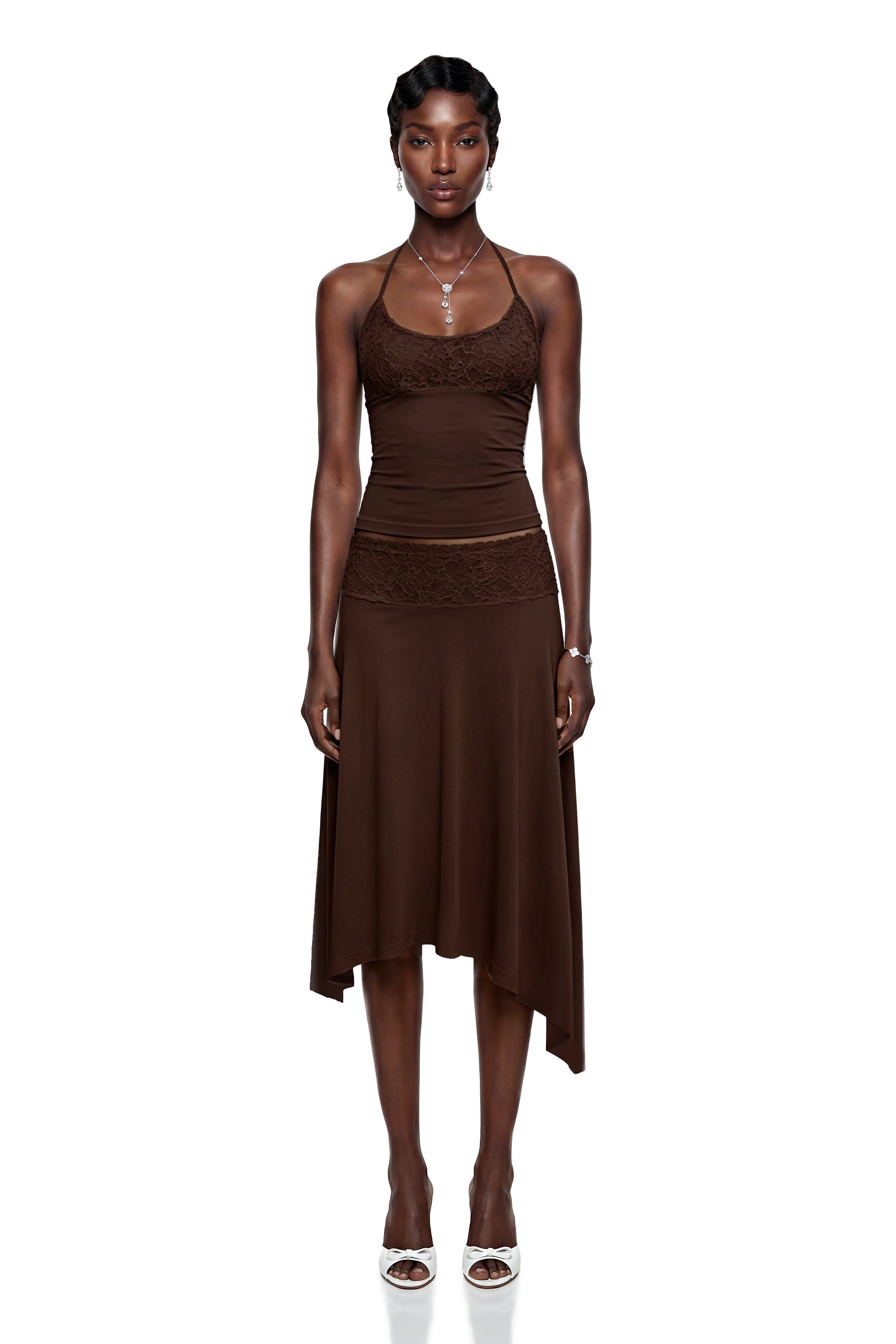 Sawda Brown Lace Panel Top & Skirt Set