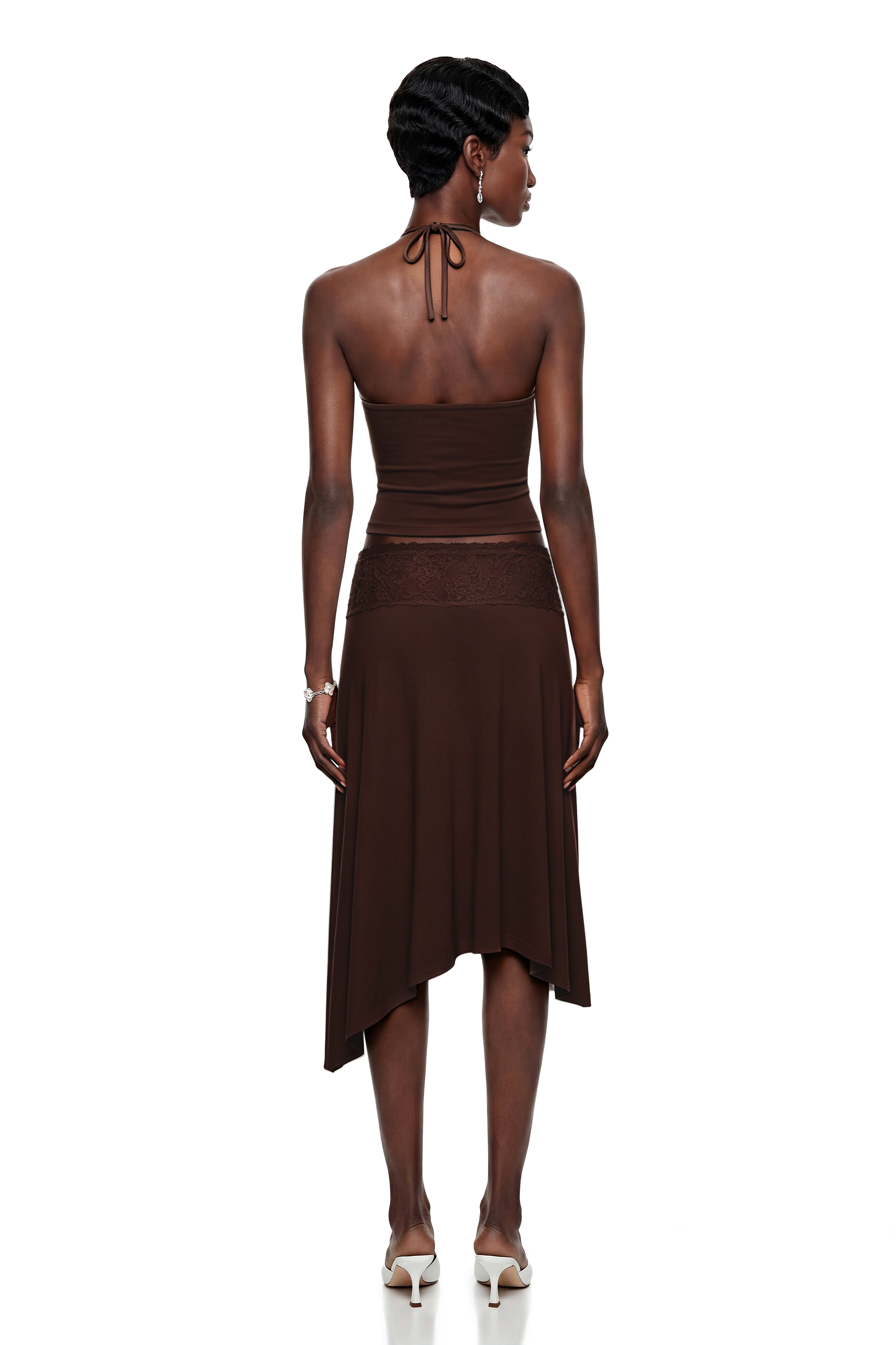 Sawda Brown Lace Panel Top & Skirt Set