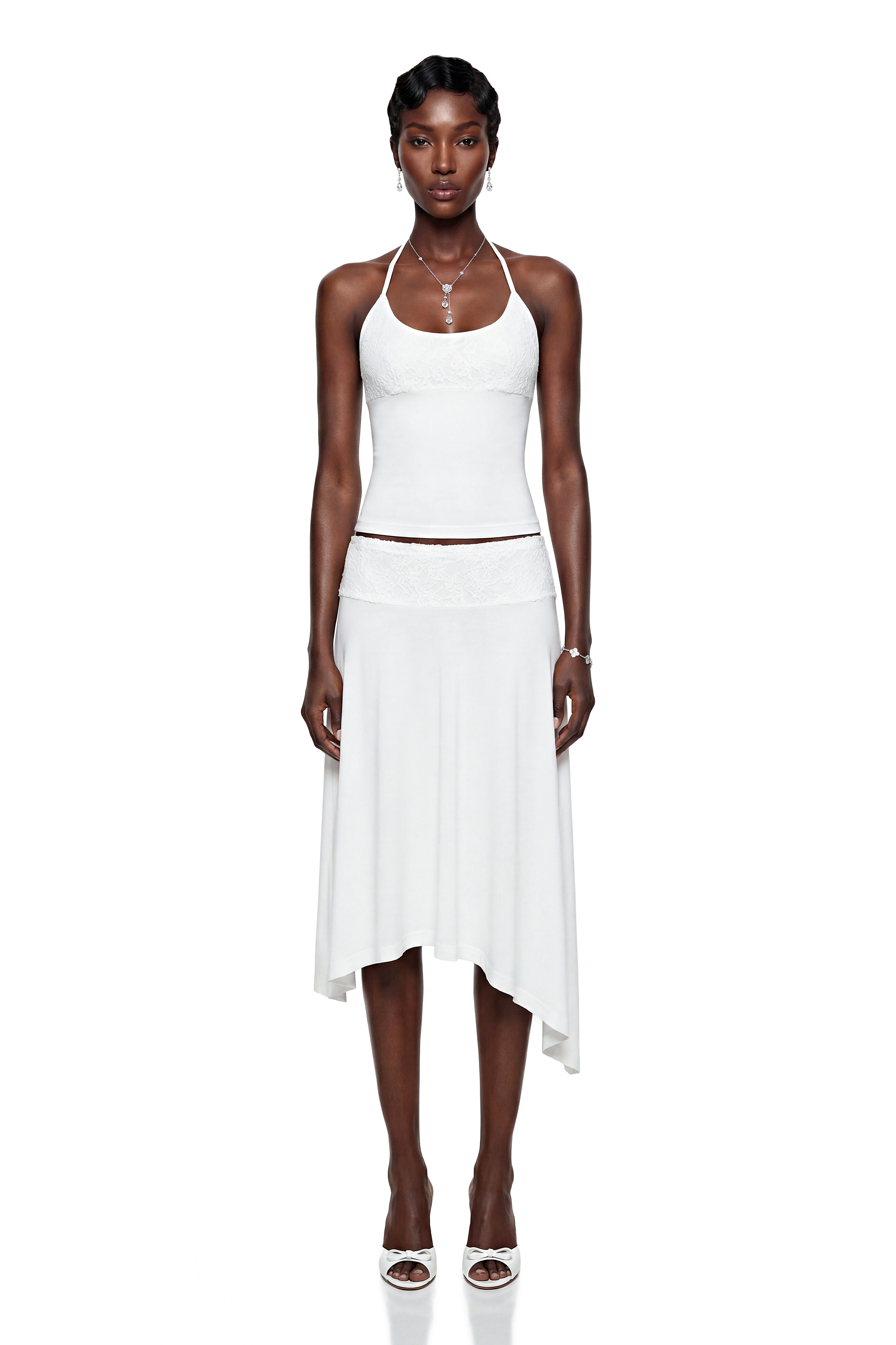 Sawda White Lace Panel Top & Skirt Set
