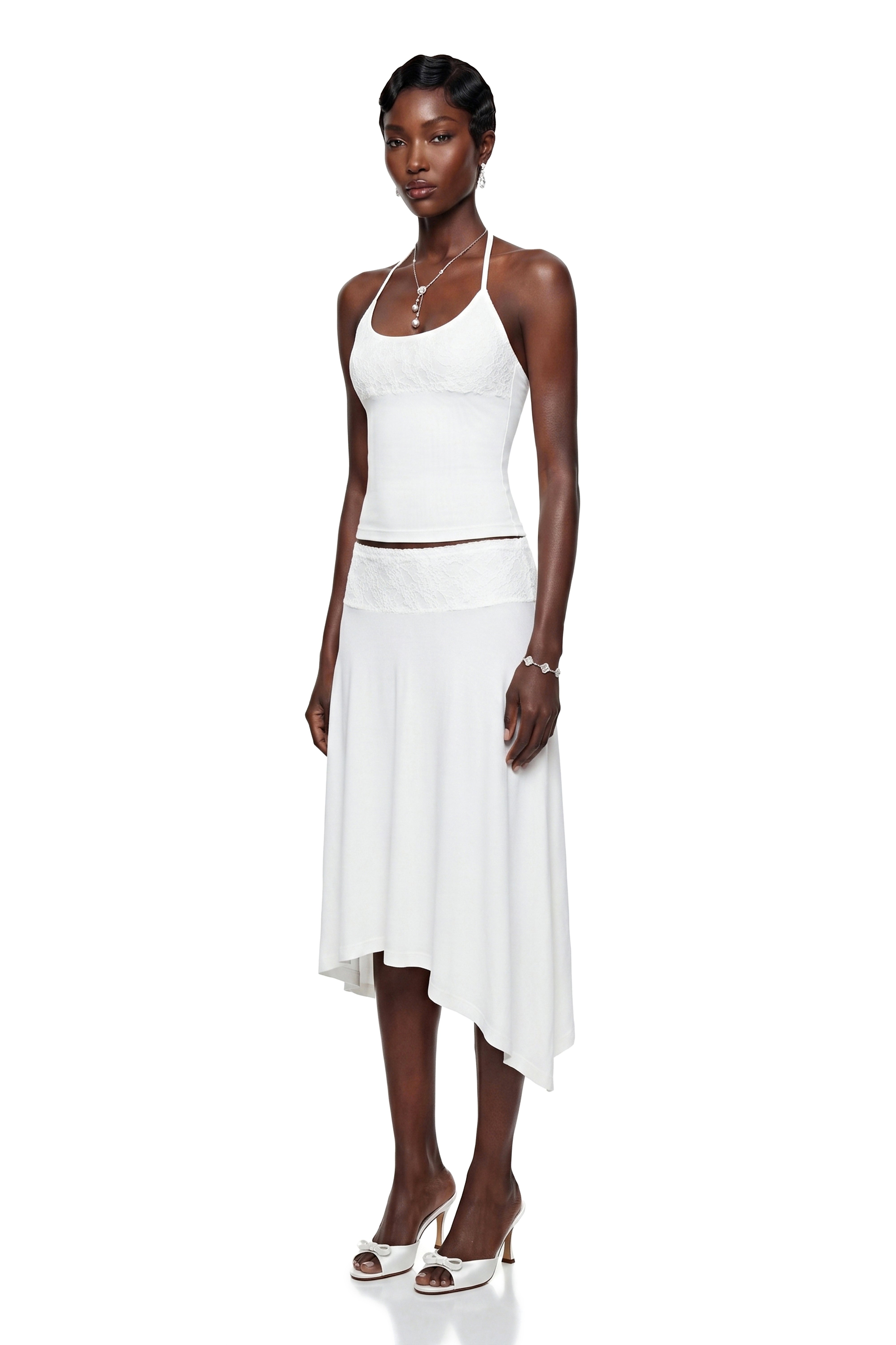 Sawda White Lace Panel Top & Skirt Set