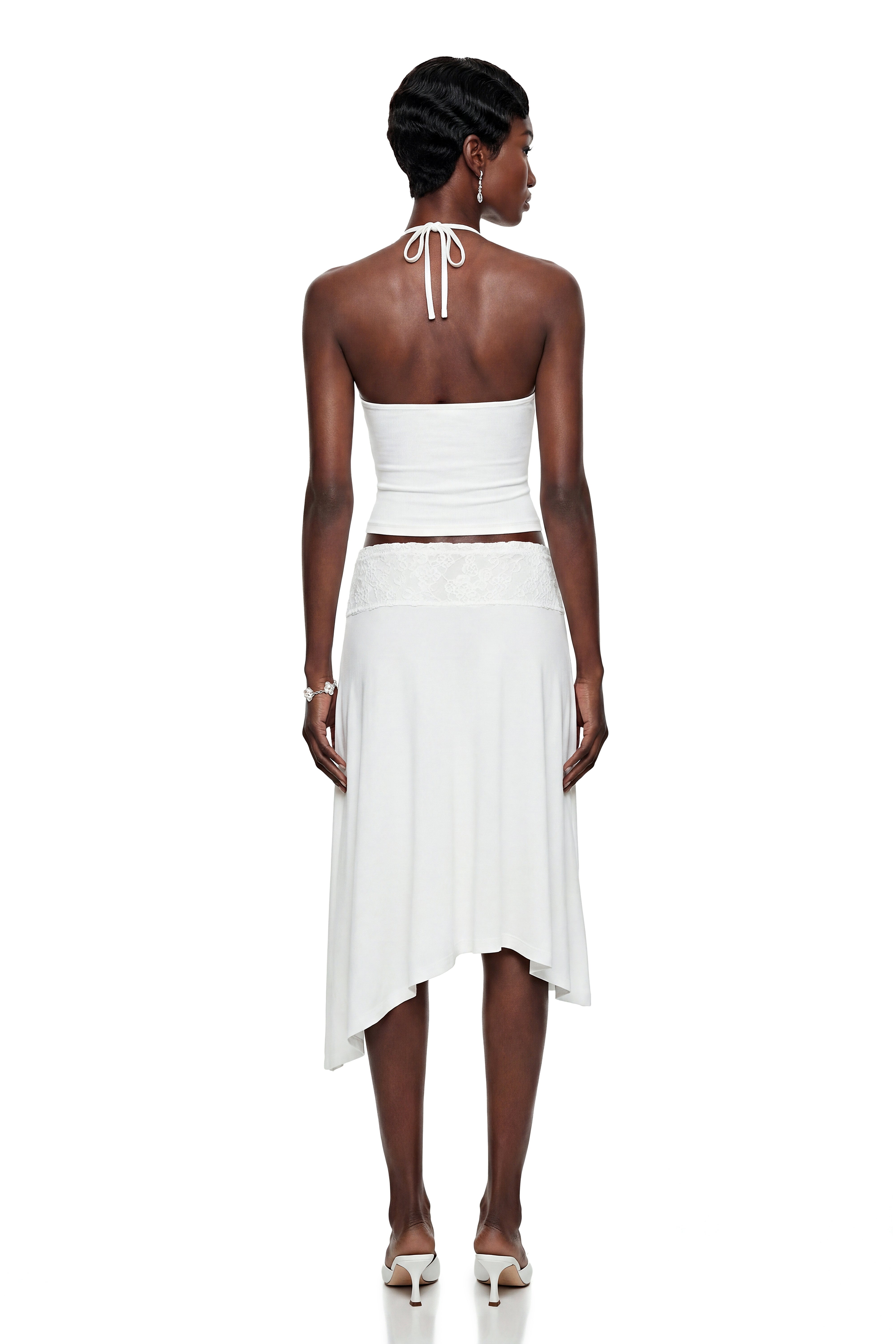 Sawda White Lace Panel Top & Skirt Set