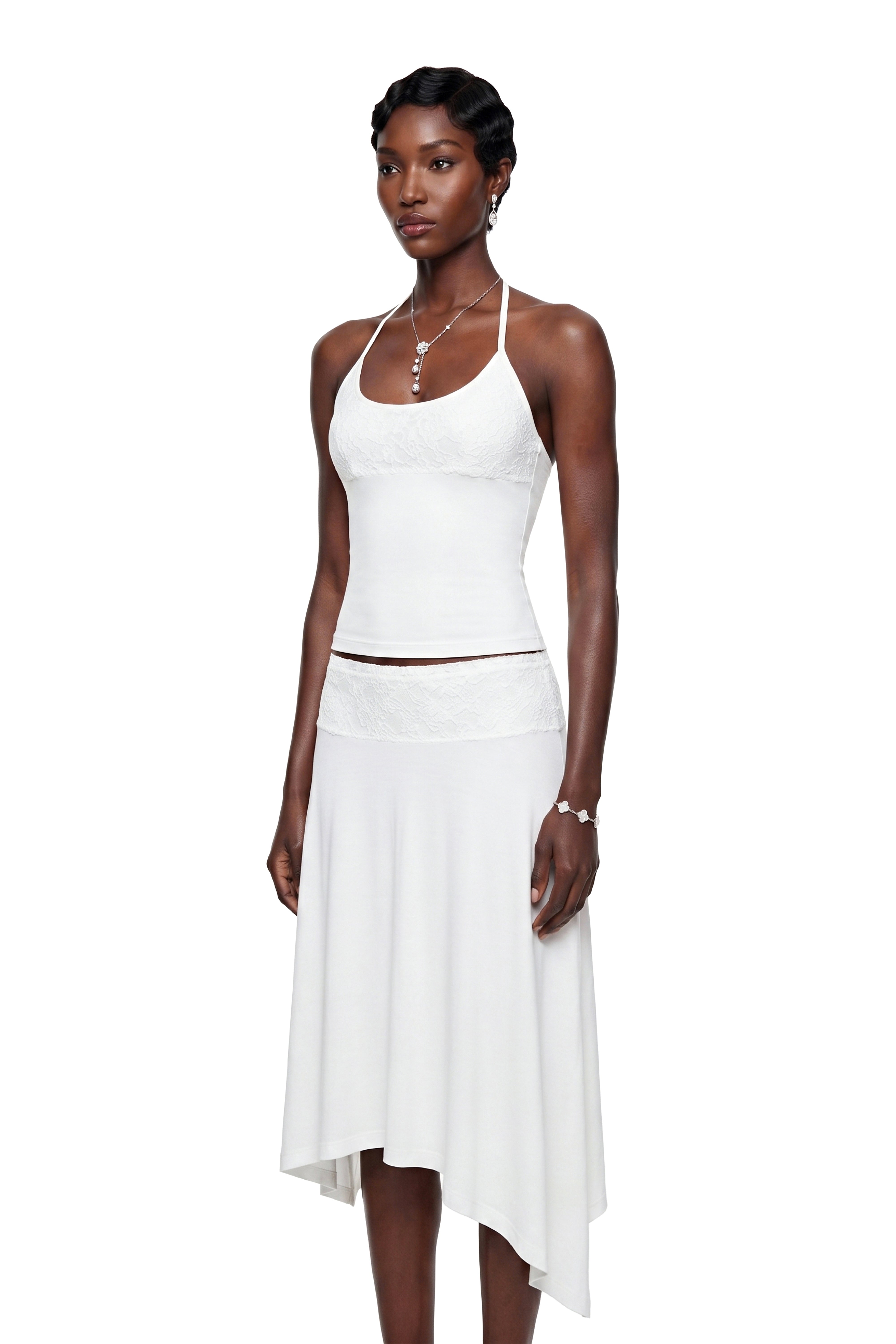 Sawda White Lace Panel Top & Skirt Set