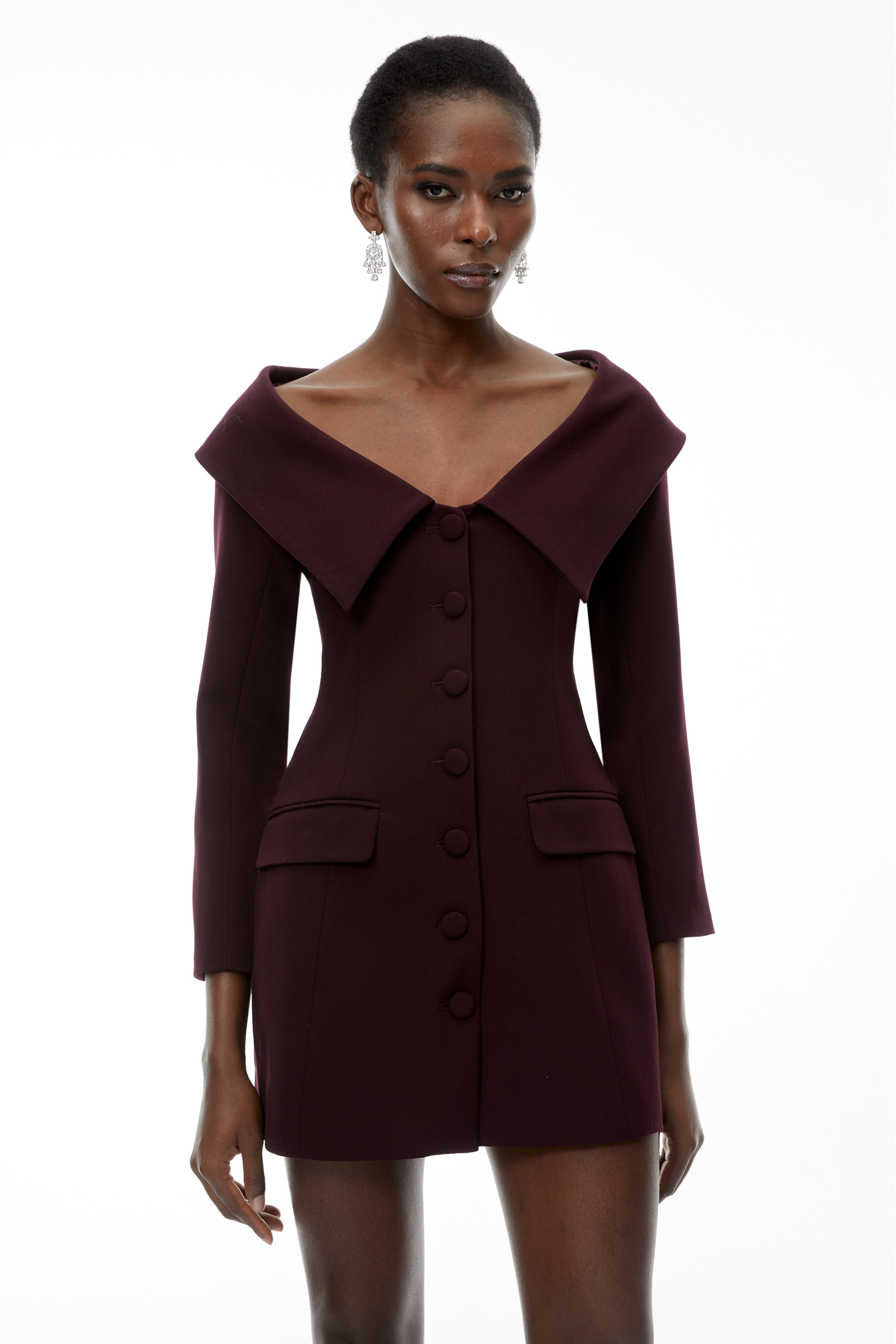 Seraphina – Lila schulterfreies Minikleid mit Revers