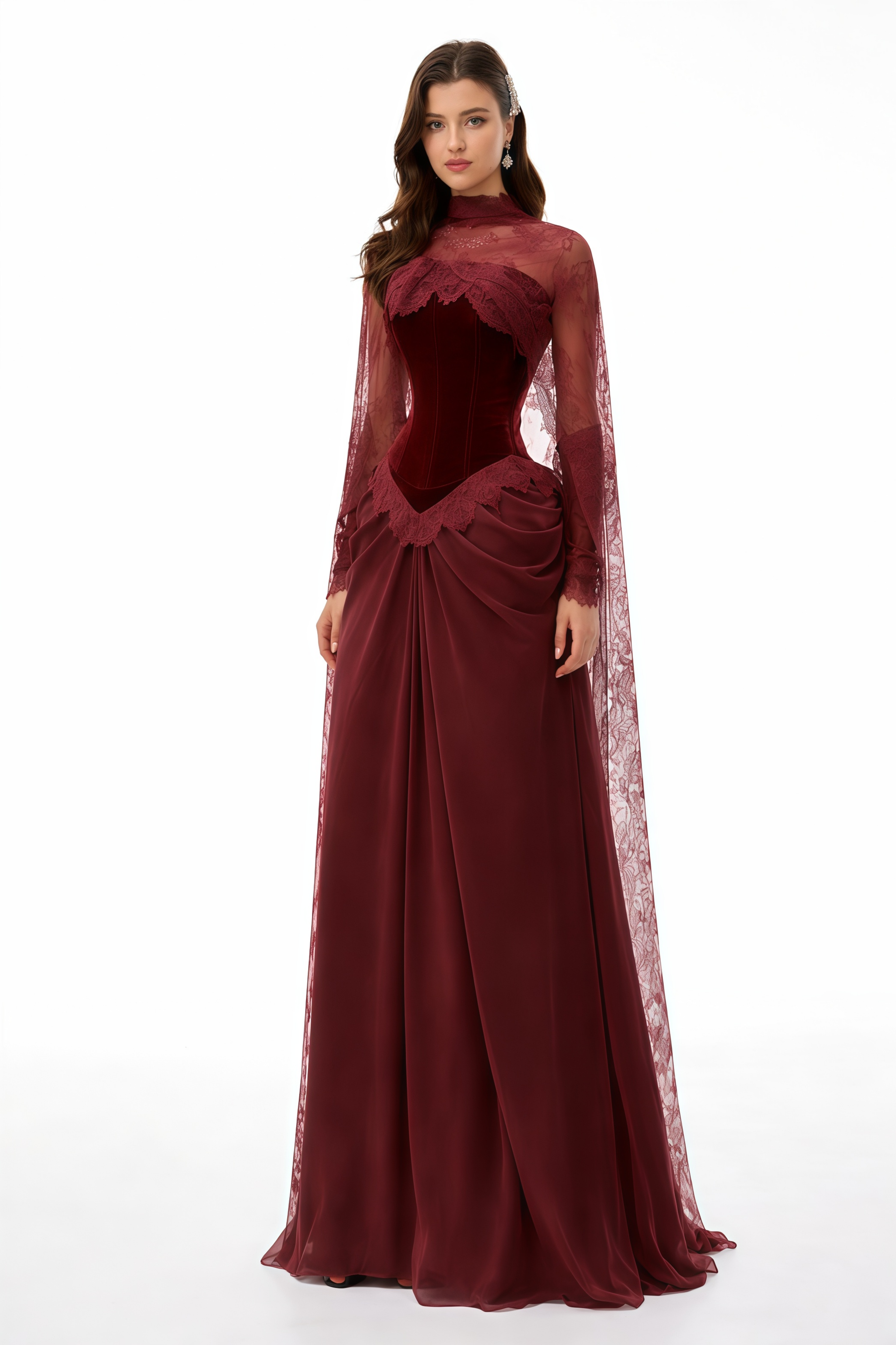 Robe longue en dentelle à motifs floraux avec cape