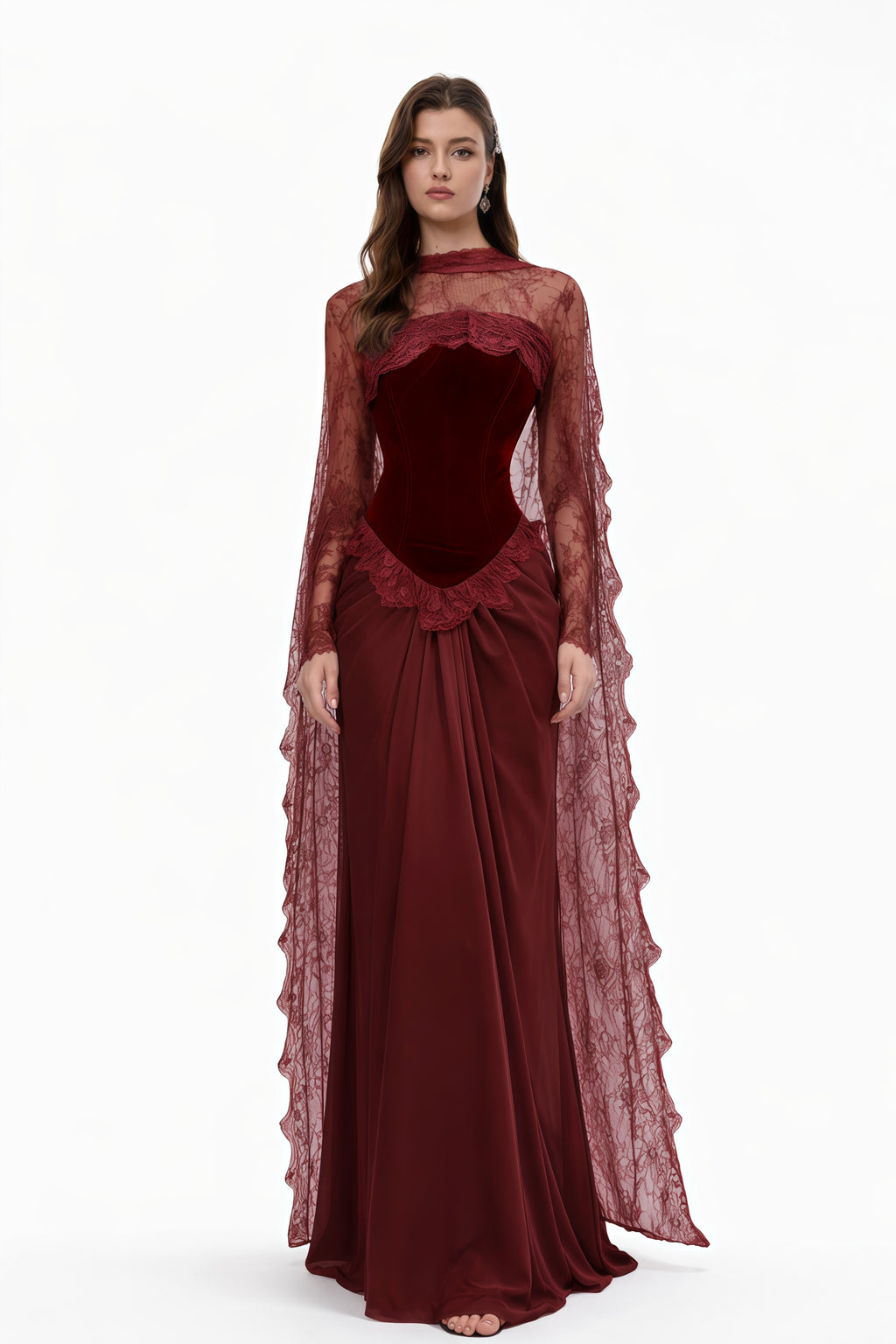 Seraphina Red Floral Lace Maxi Dress with Cape, L / Red