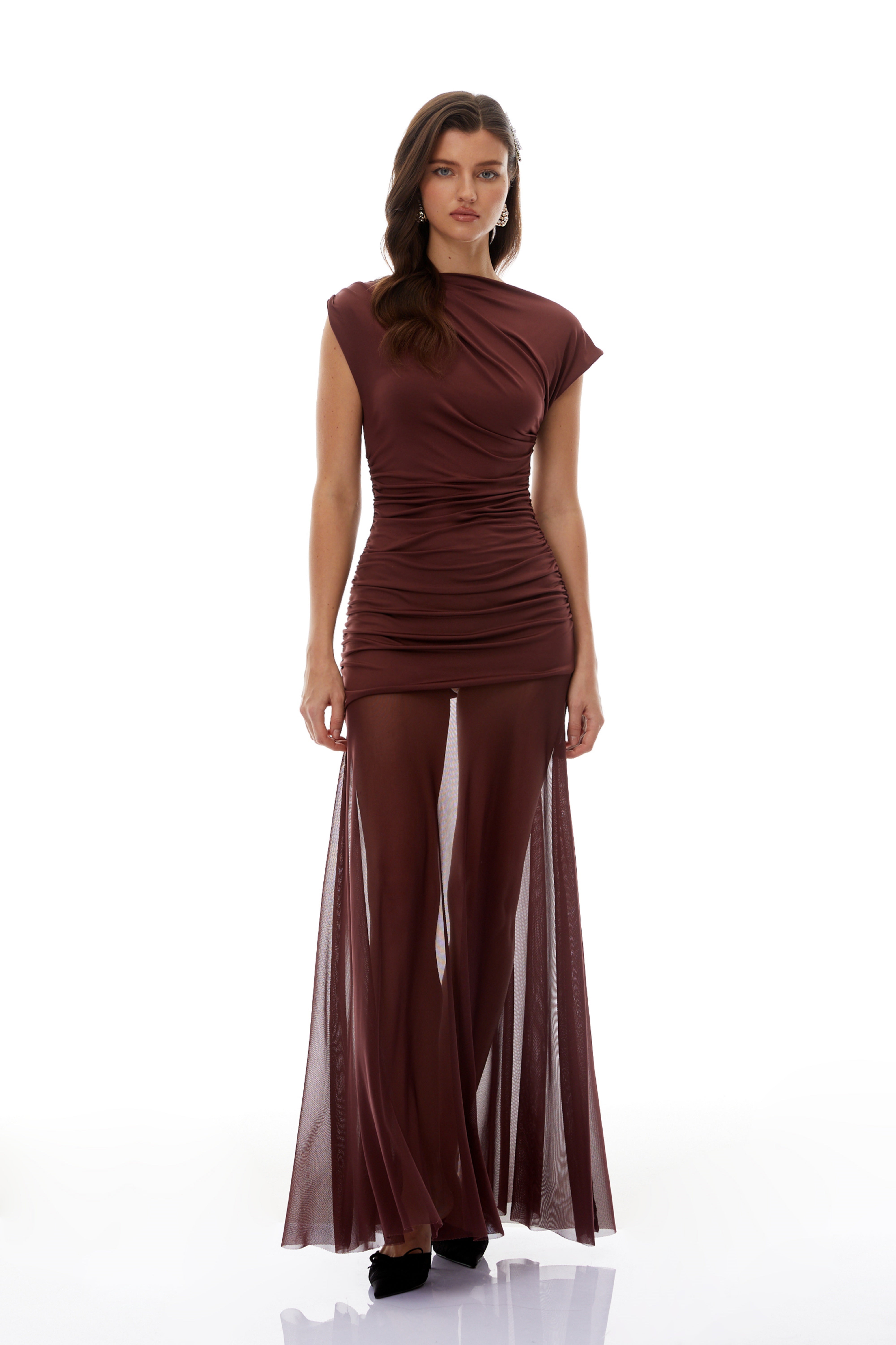 Seren Brown Maxikleid mit gerafftem Tüll-Einsatz