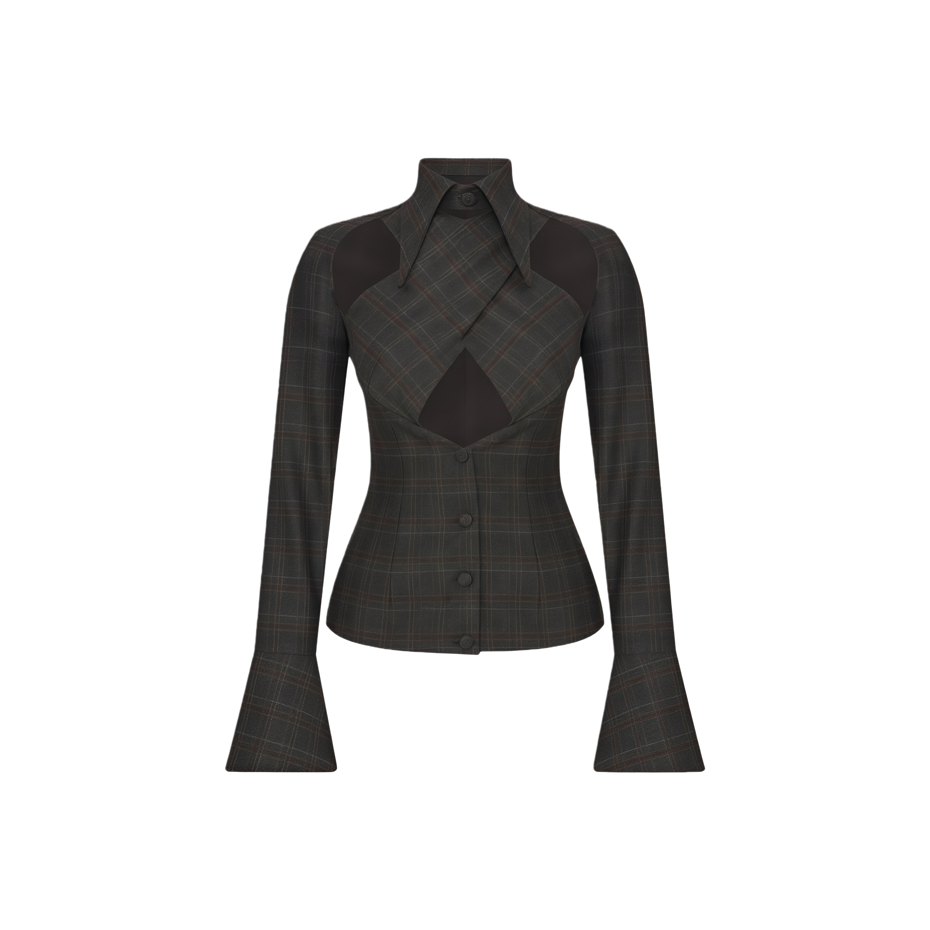 Grey Cut-out Checked Blazer Skirt Set