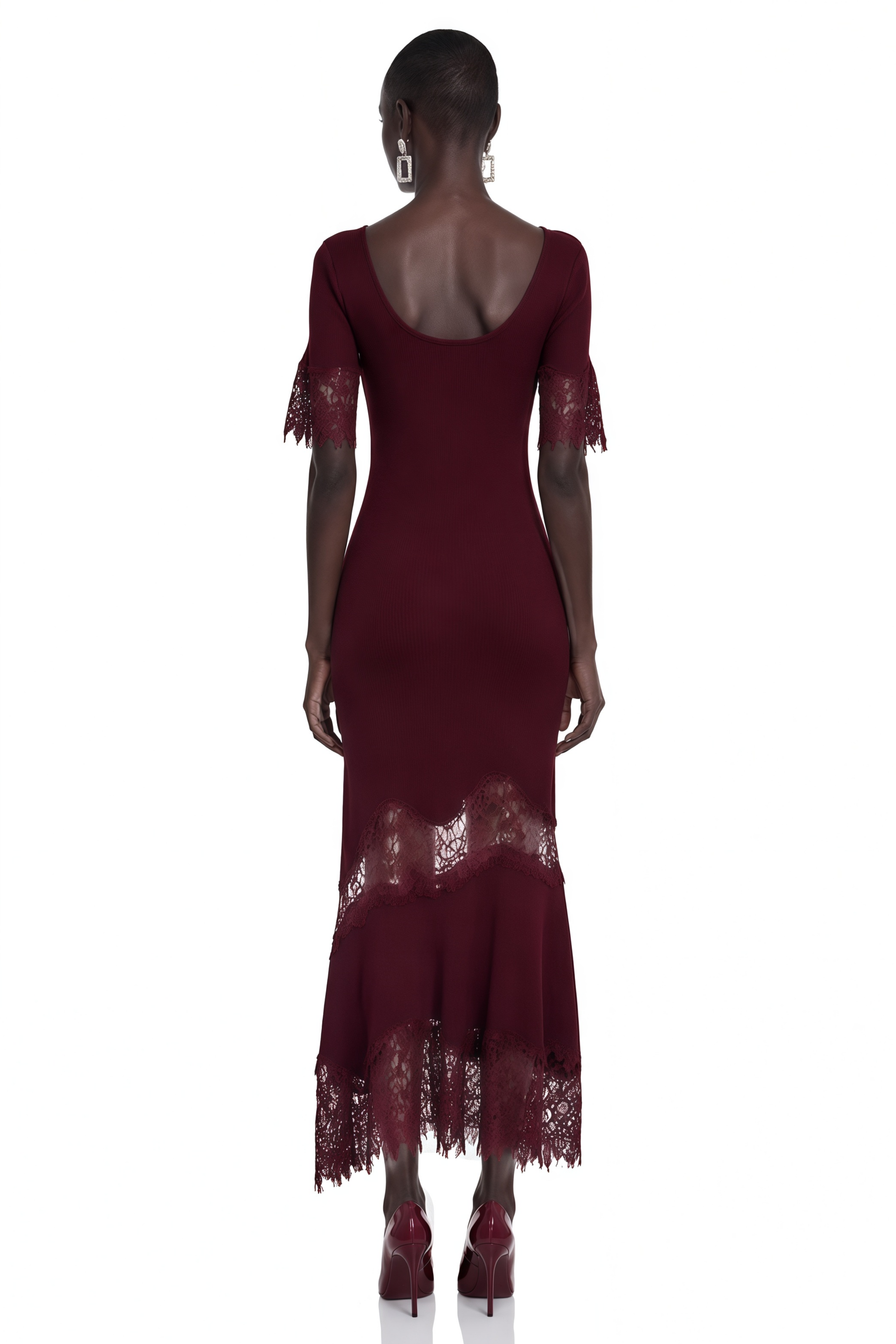 Sharon Burgundy Round Neck Maxi Dress with Lace Trim