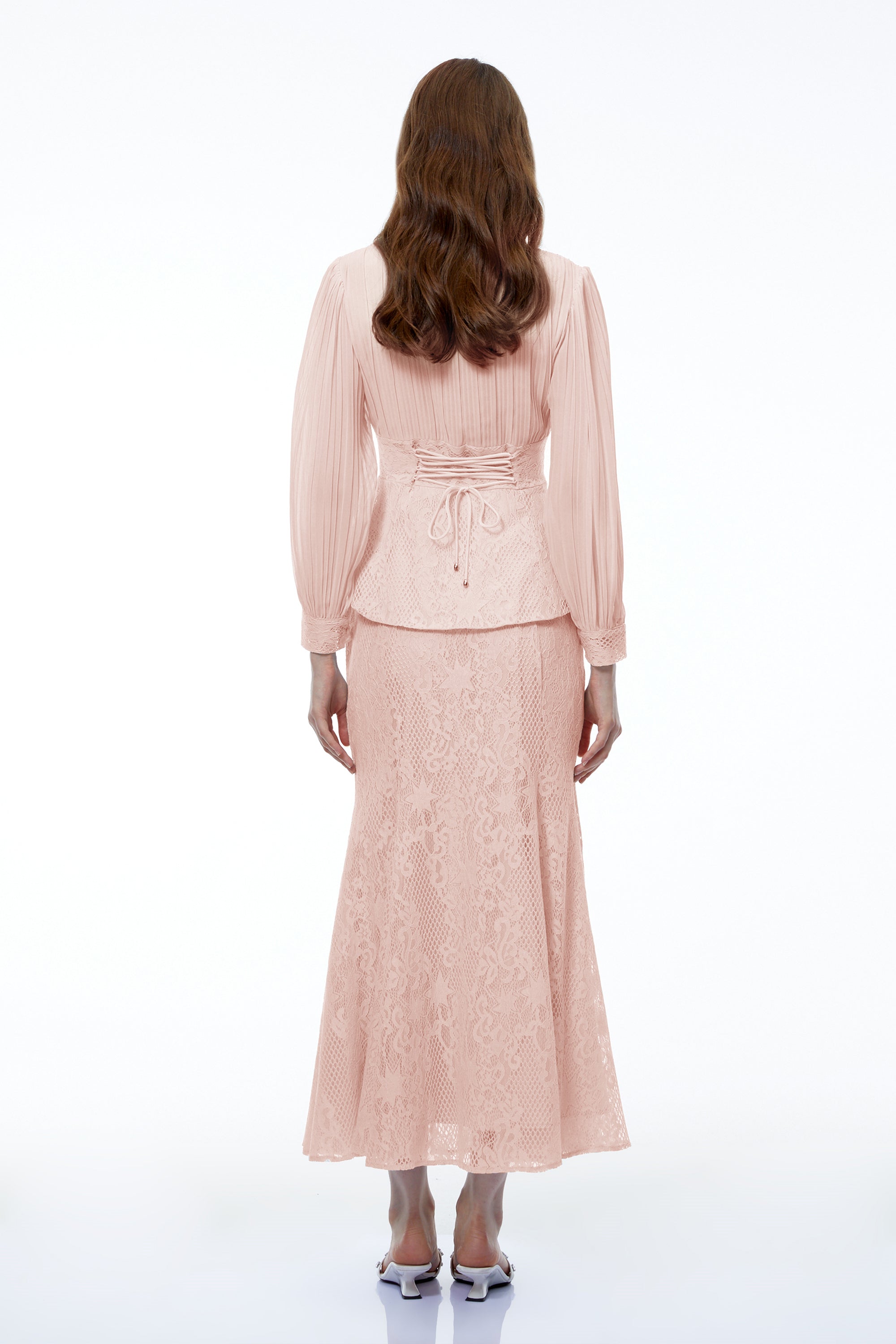 Sigrid Pink Lace Panel Blouse & Skirt Set