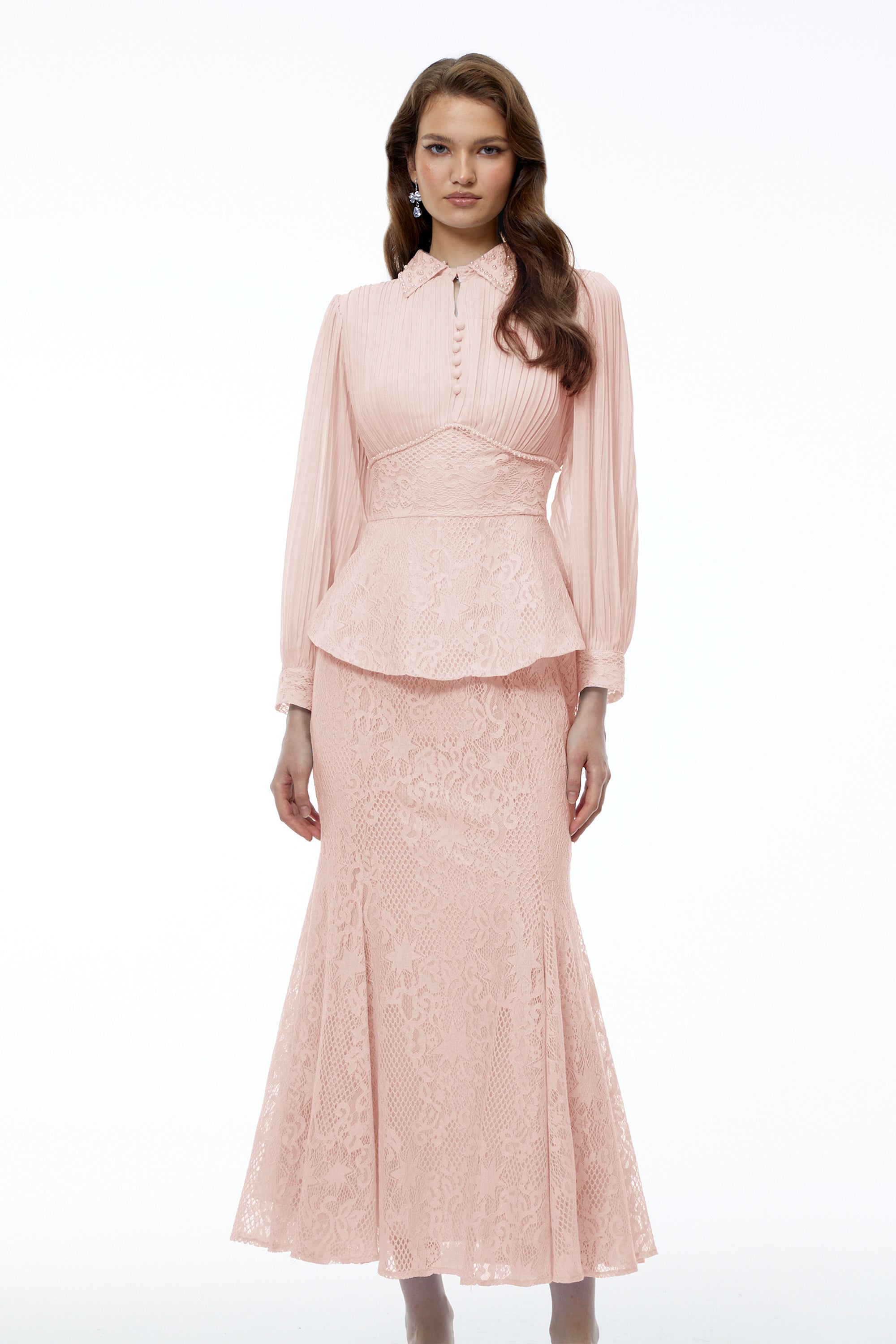 Sigrid Pink Lace Panel Blouse & Skirt Set