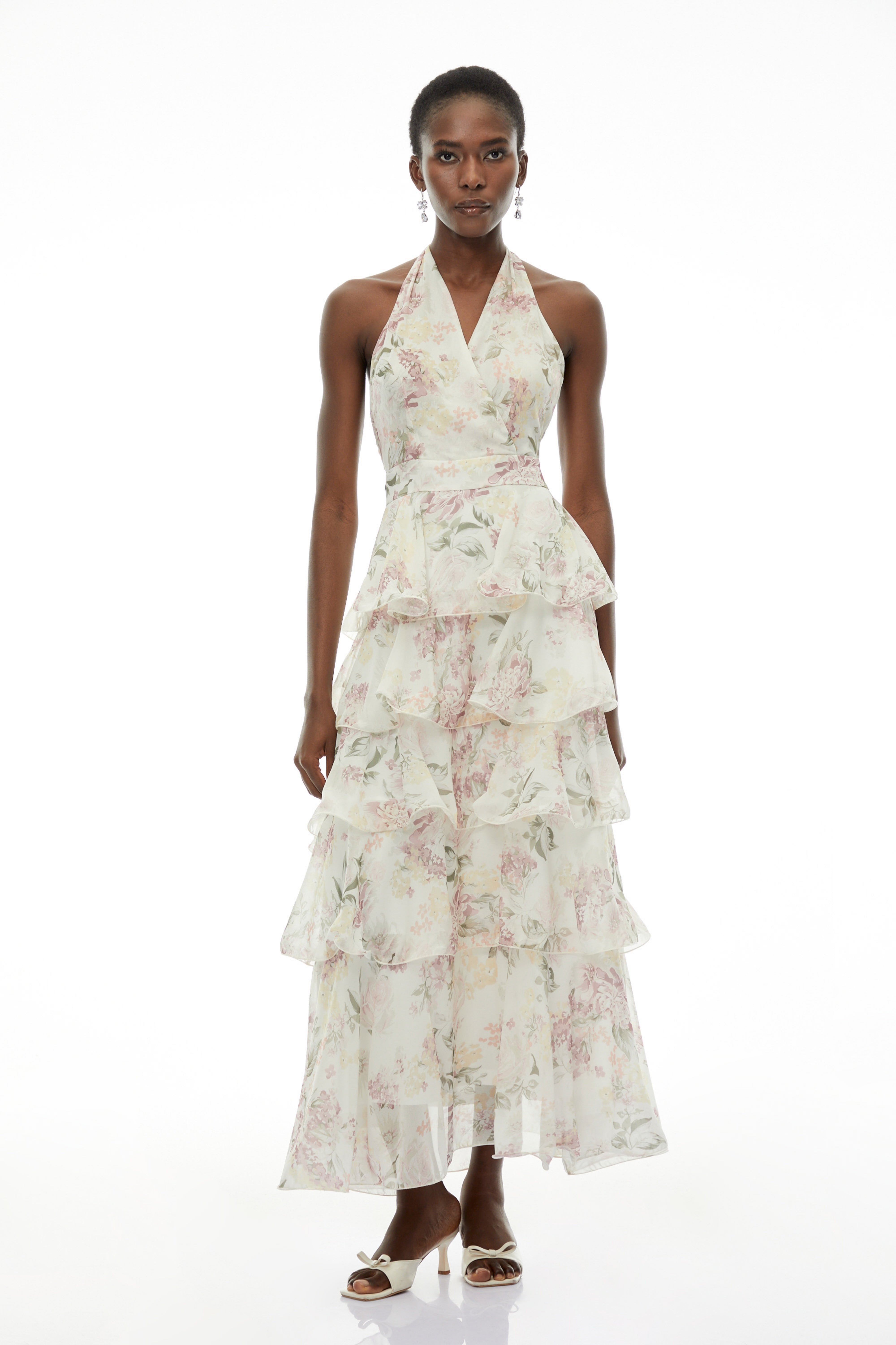 Sílvia White Floral Print Tiered Maxi Dress