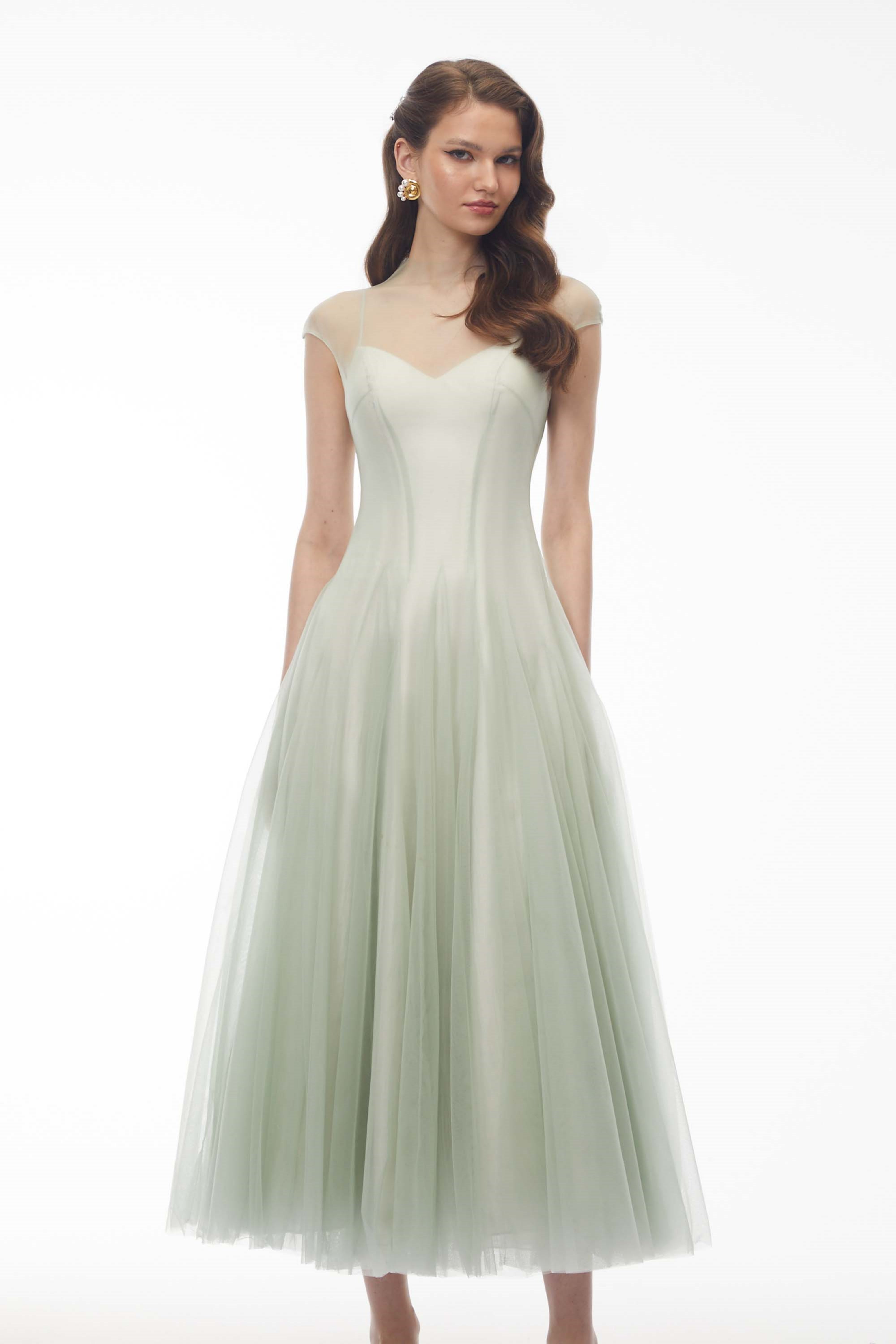 Simin Green Semi-Sheer Tulle Maxi Dress