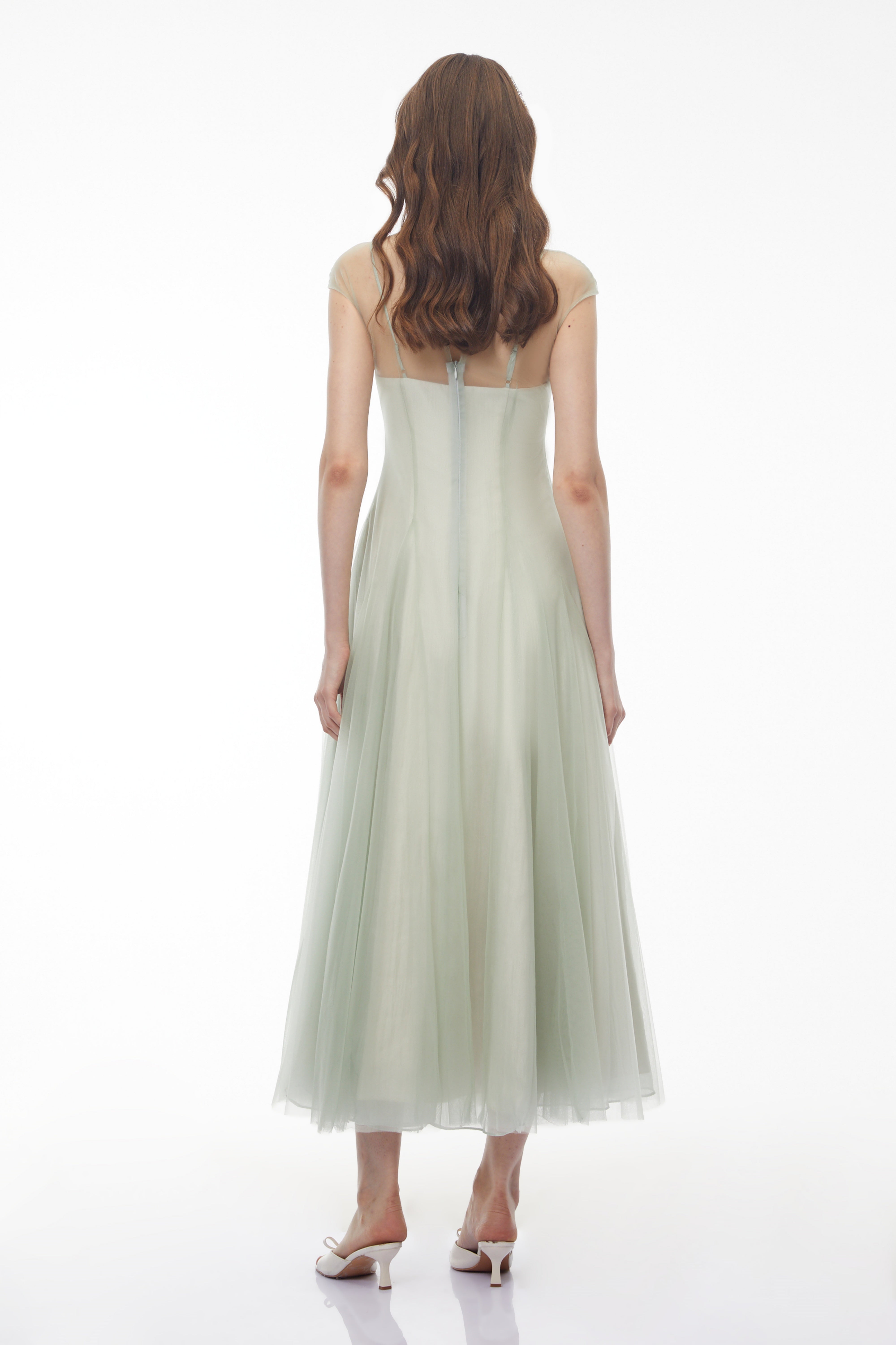 Simin Green Semi-Sheer Tulle Maxi Dress