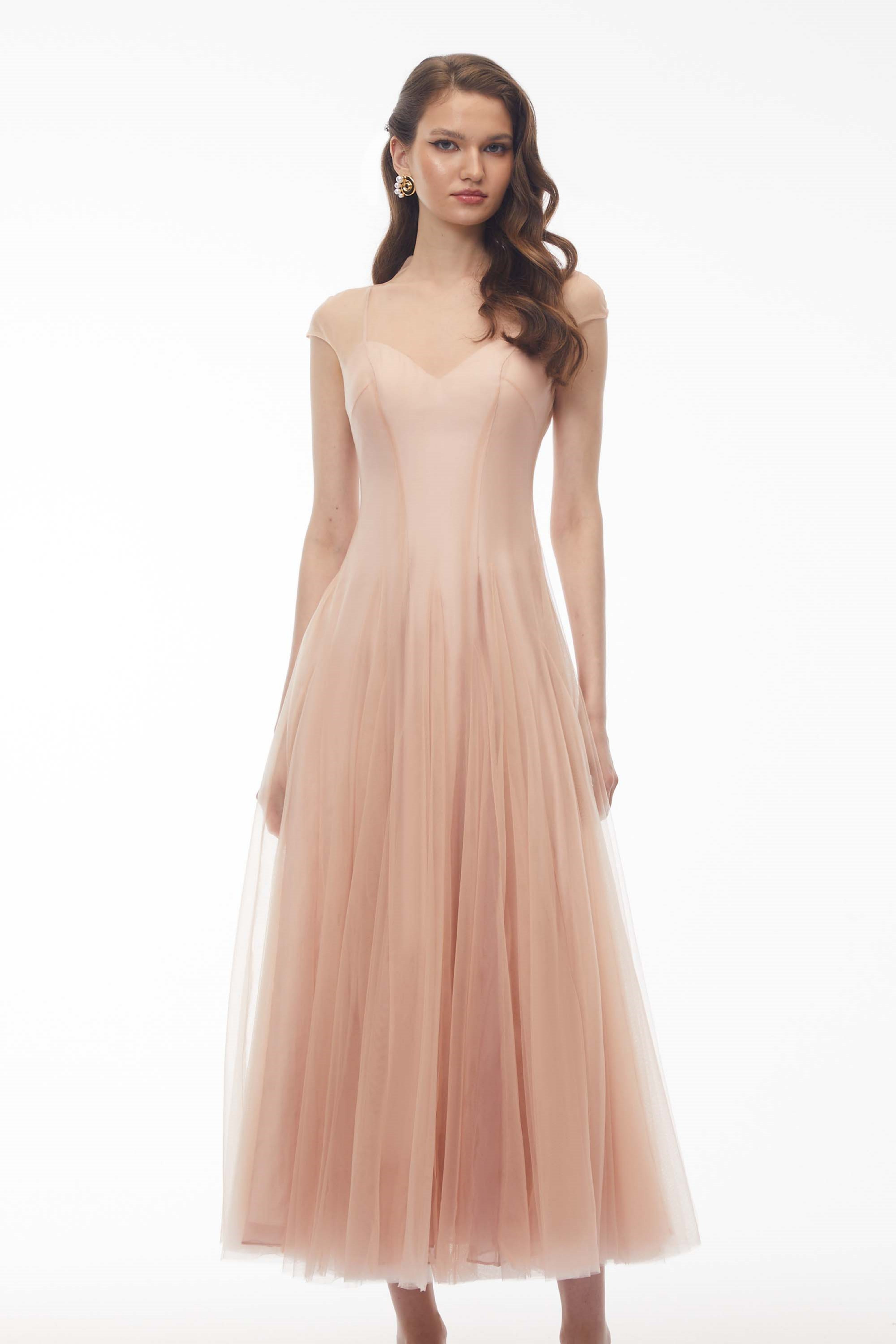 Robe longue en tulle semi-transparent rose Simin