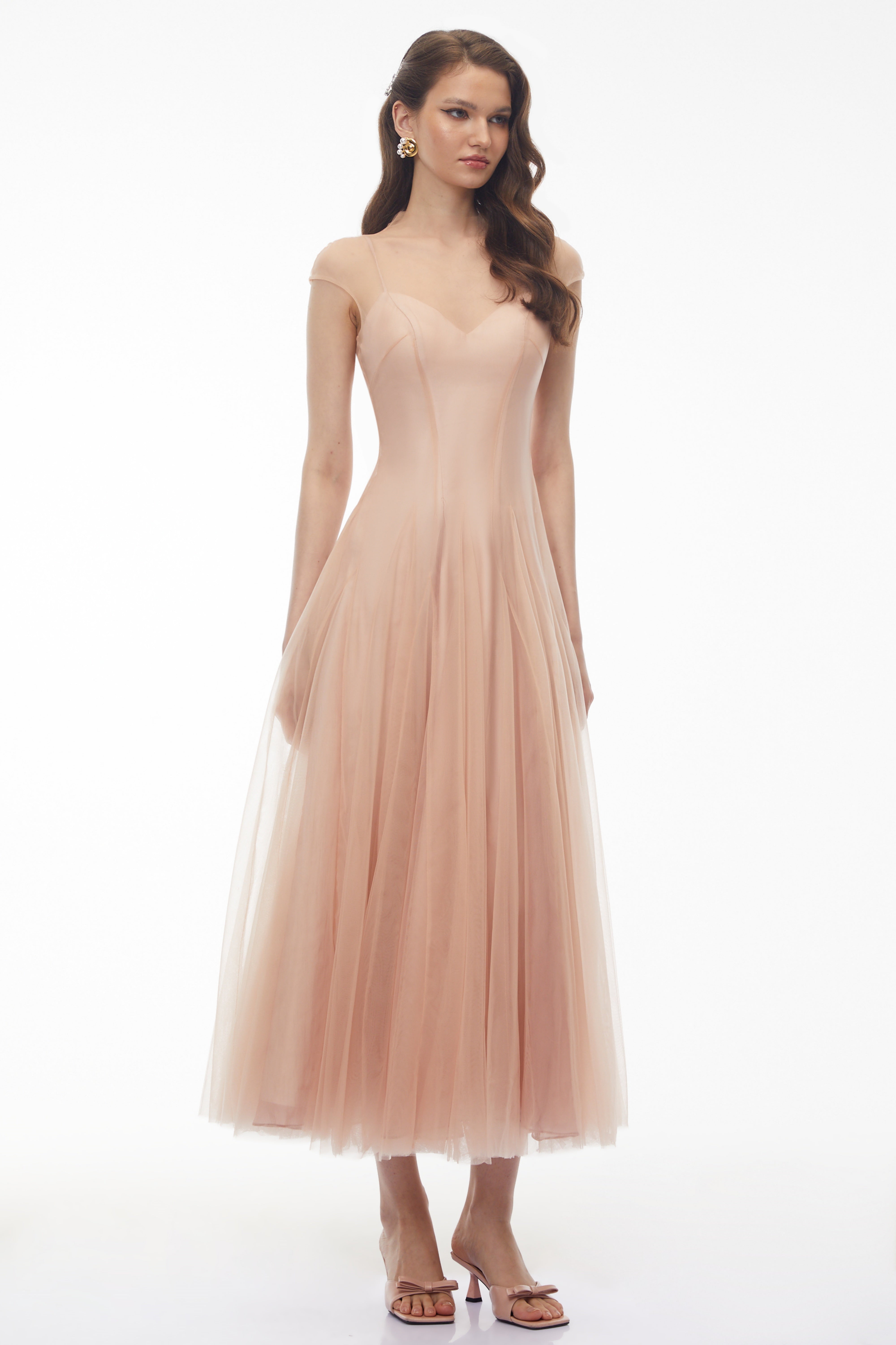 Robe longue en tulle semi-transparent rose Simin