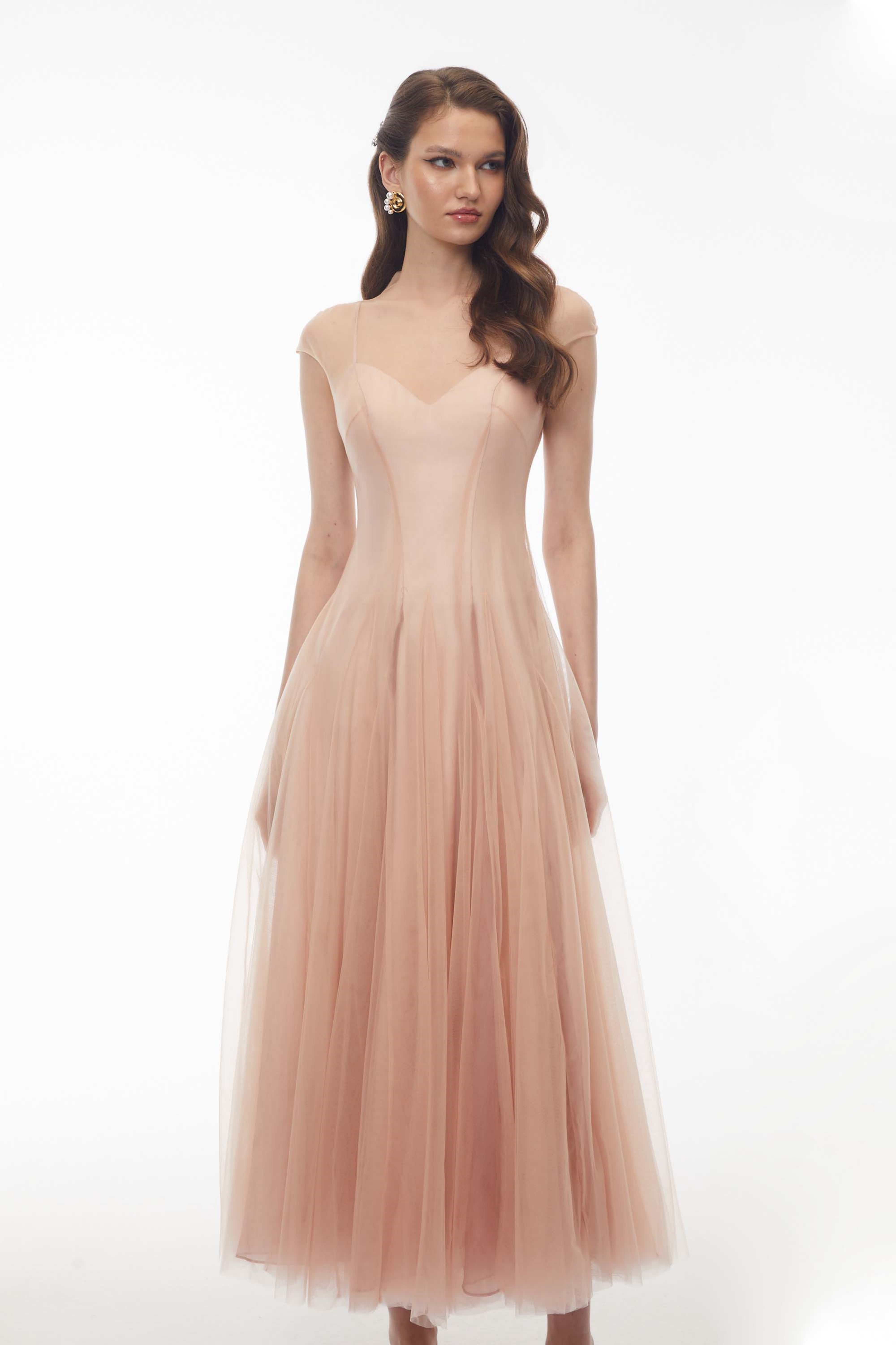 Robe longue en tulle semi-transparent rose Simin