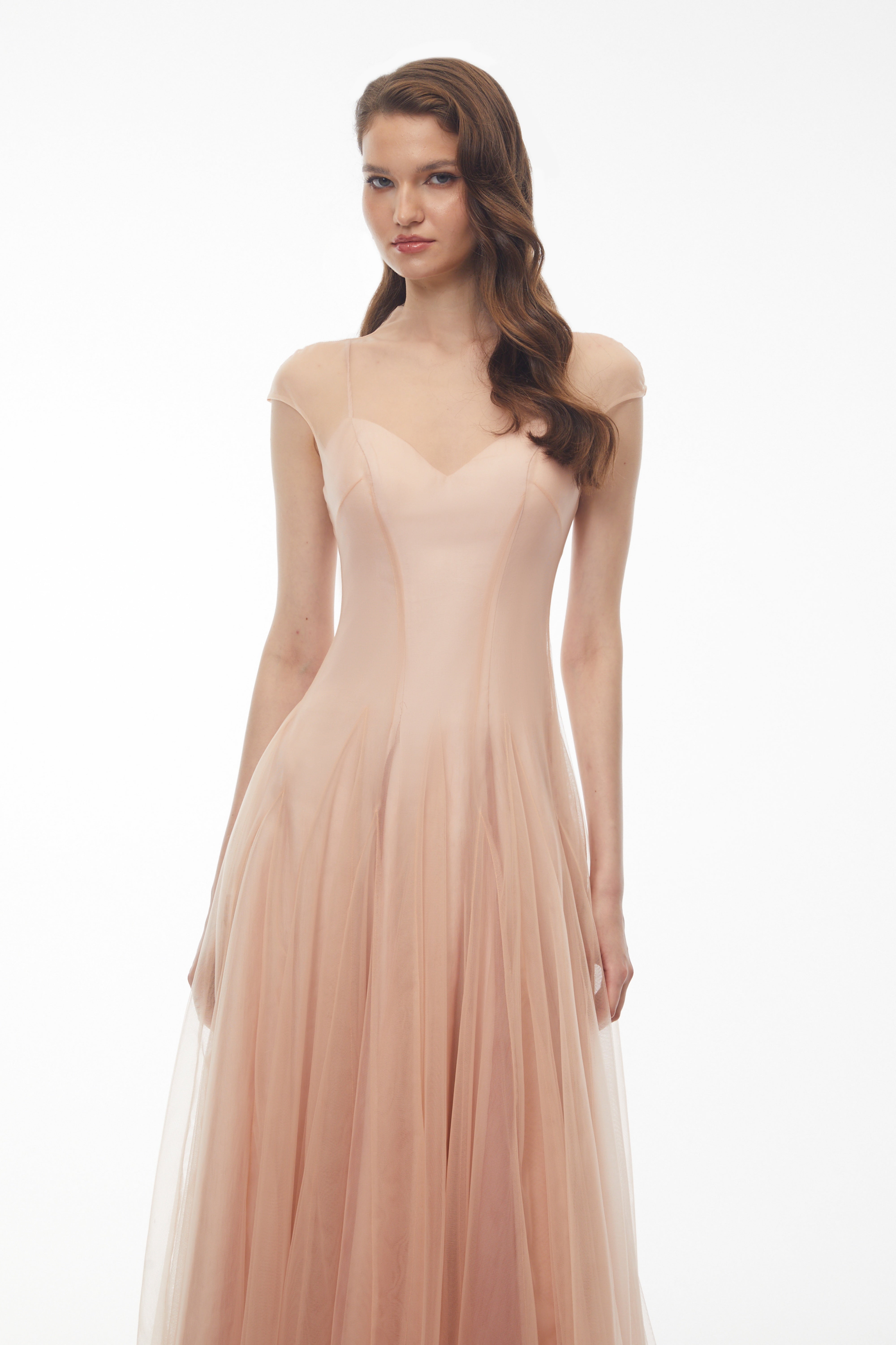 Robe longue en tulle semi-transparent rose Simin
