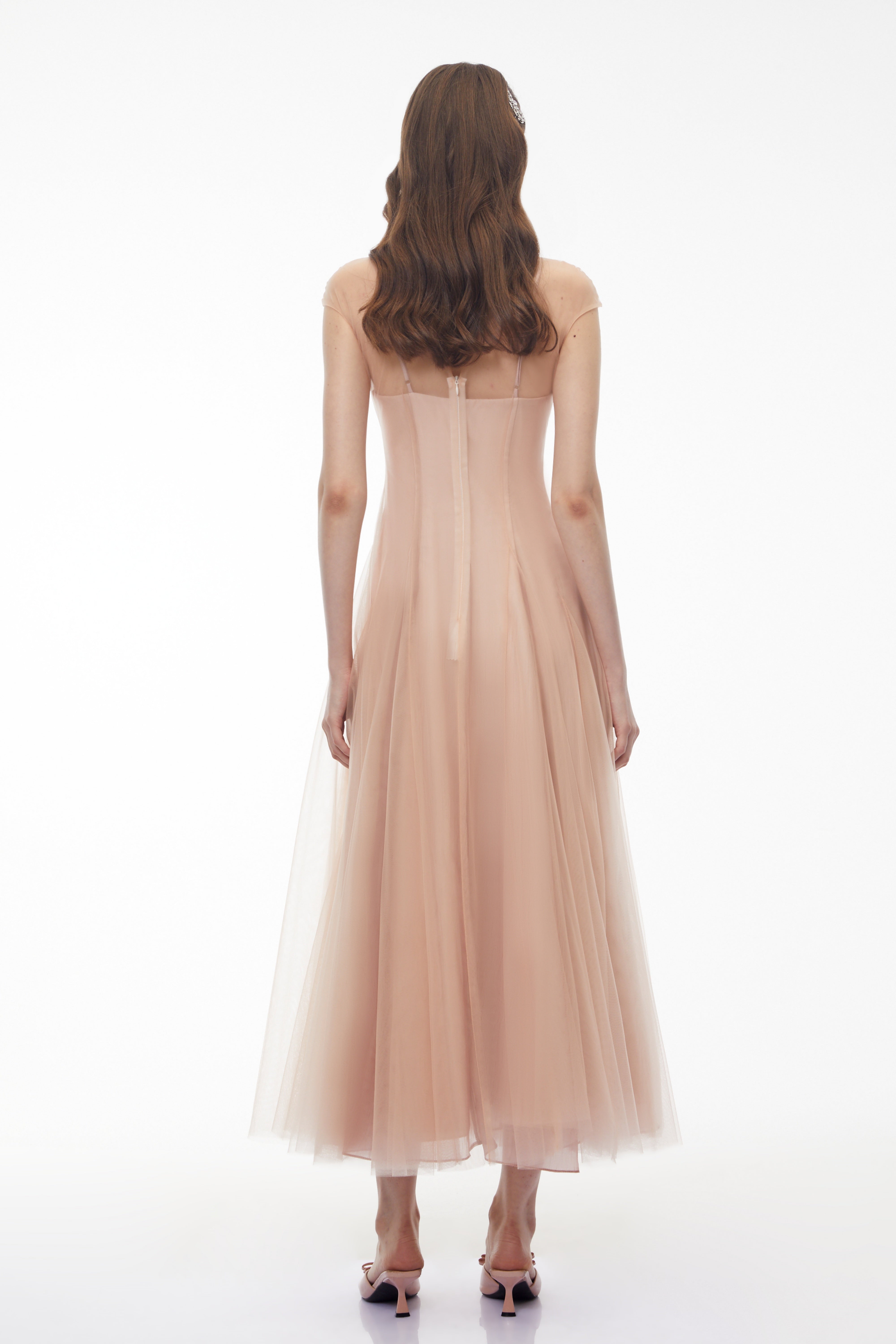 Robe longue en tulle semi-transparent rose Simin