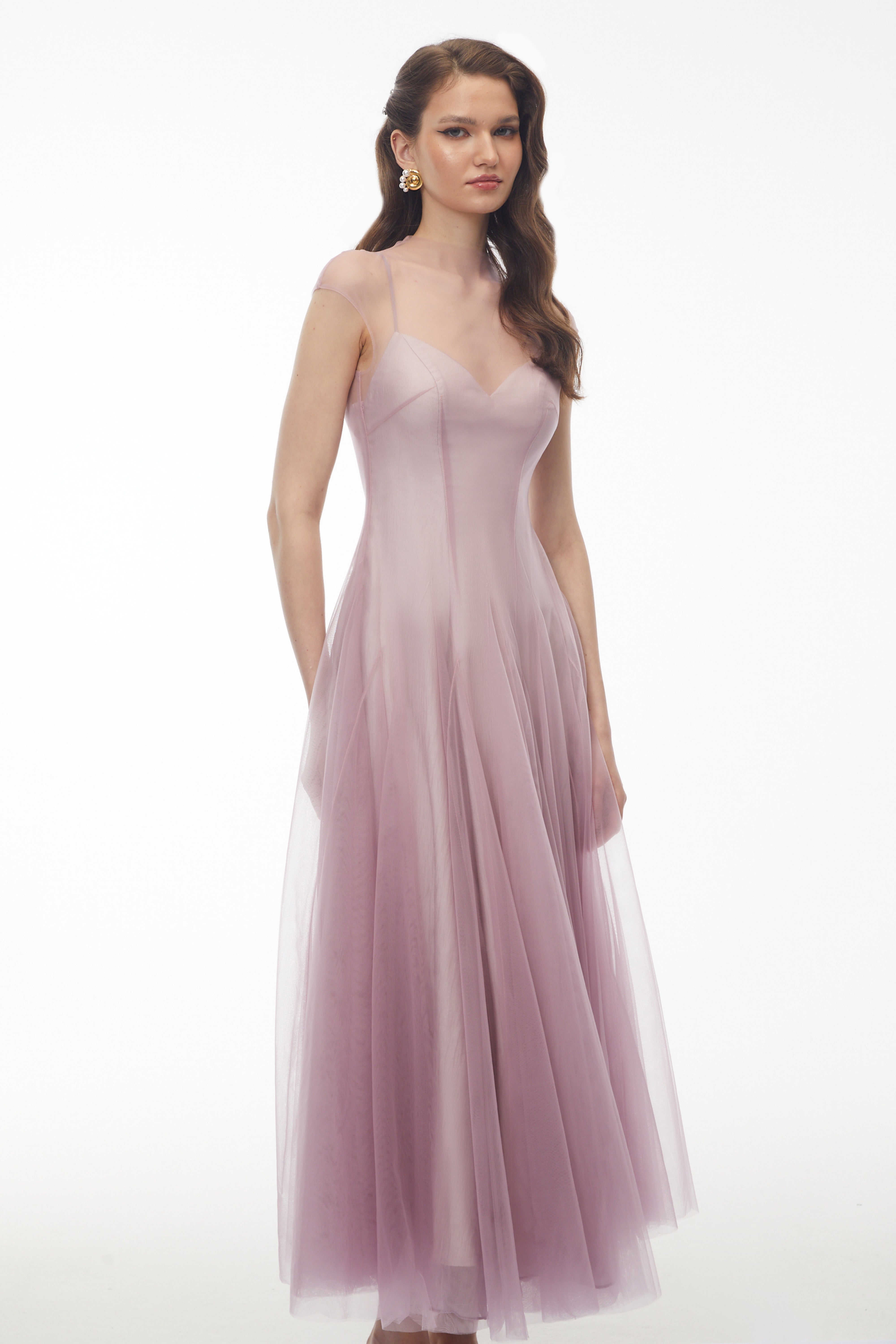 Simin Purple Semi-Sheer Tulle Maxi Dress