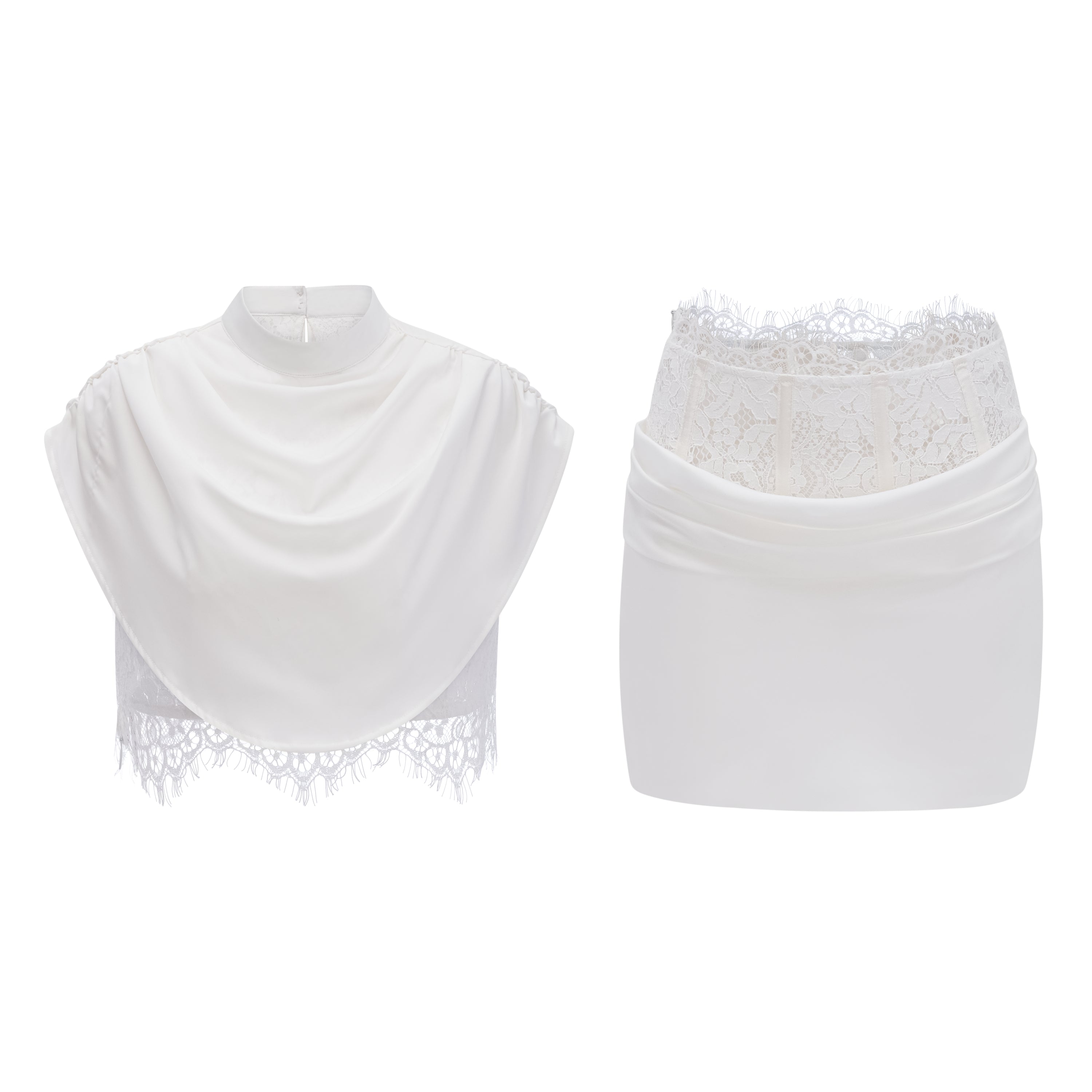 Siosi White Ruched Top & Skirt Set with Lace Trim