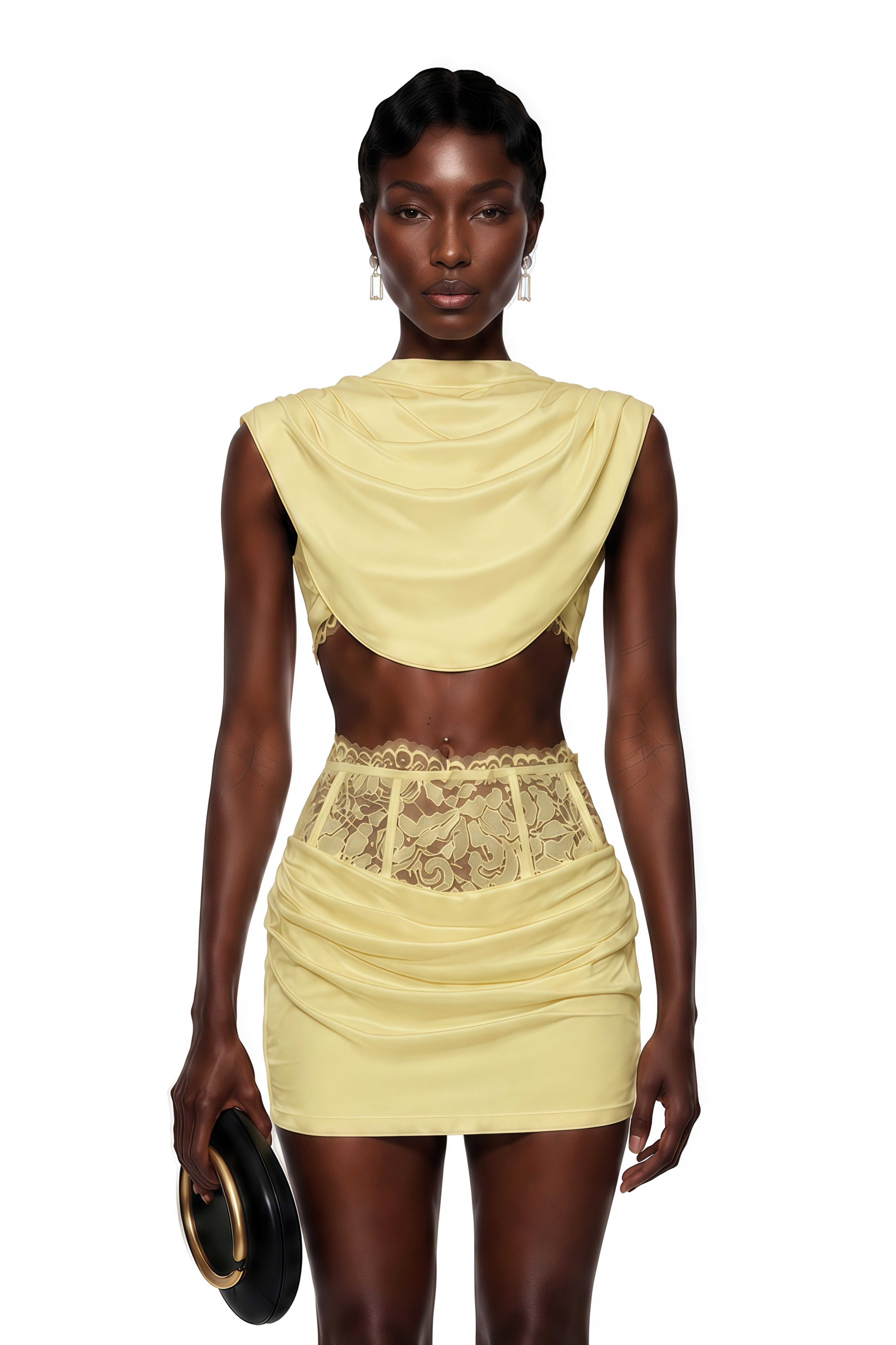 Siosi Yellow Ruched Top & Skirt Set with Lace Trim