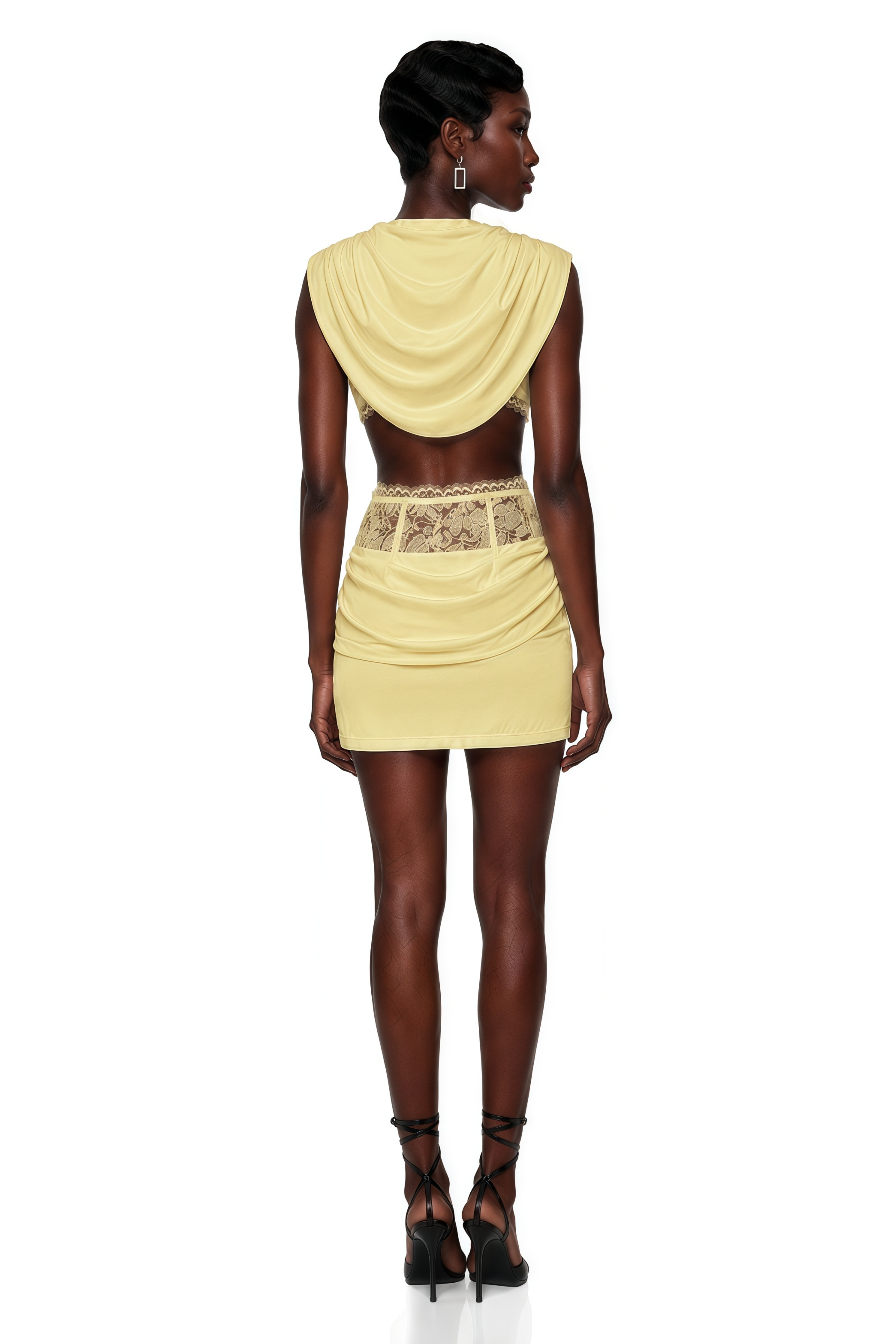 Siosi Yellow Ruched Top & Skirt Set with Lace Trim