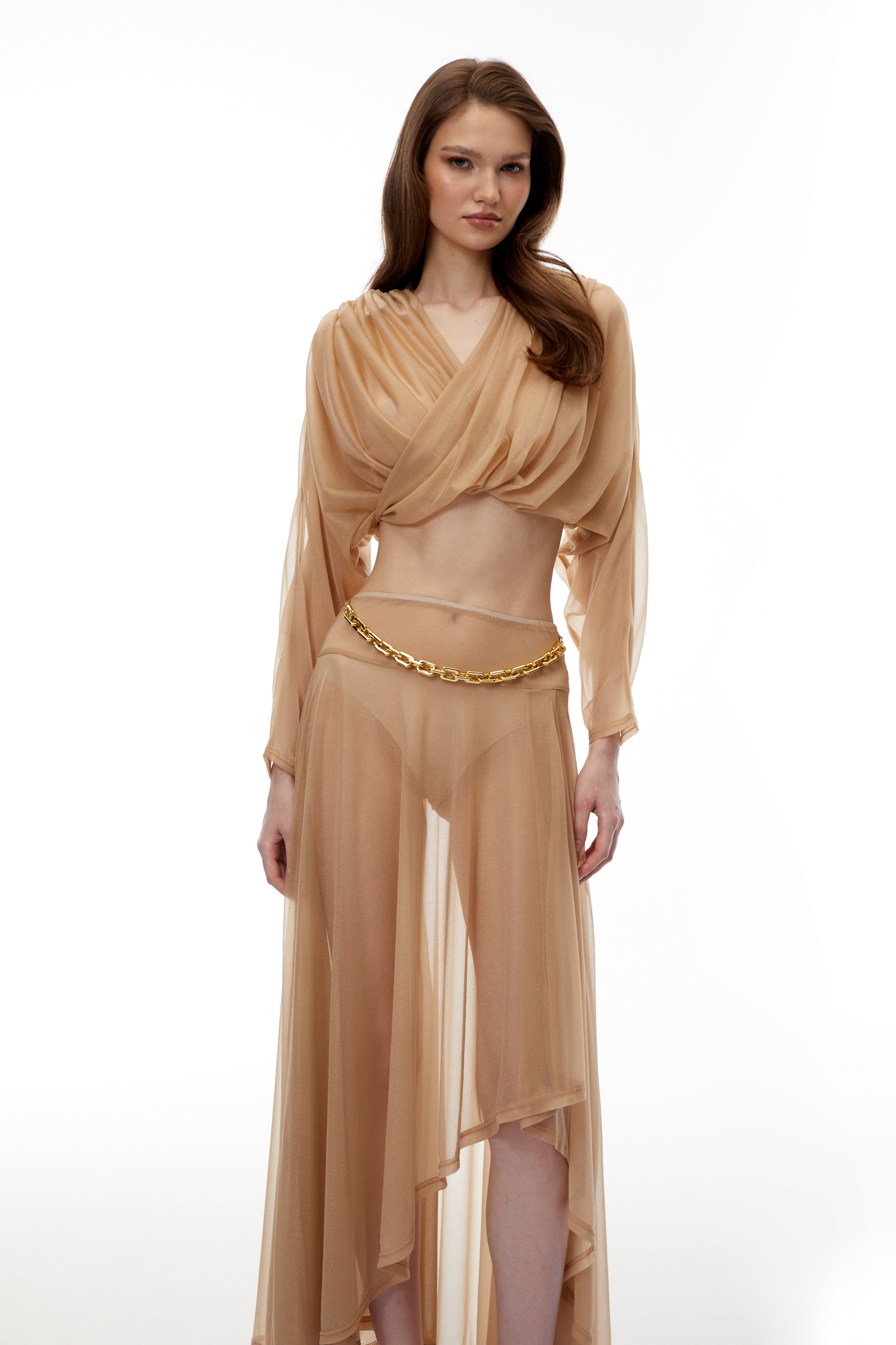 Skylar – Set aus Oberteil mit gekreuztem Ausschnitt und Rock in der Farbe Neutral