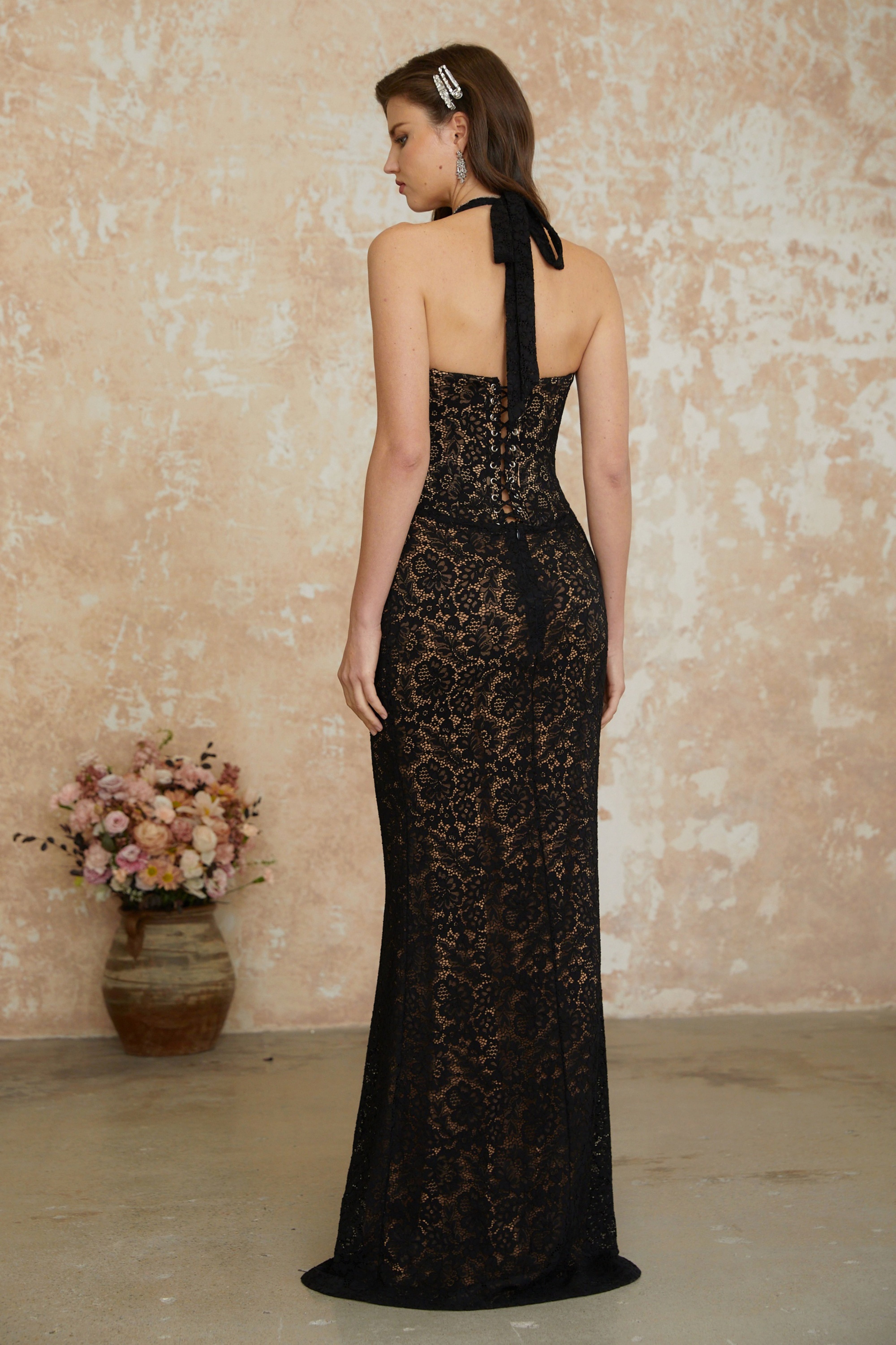 Sofia Black Floral Lace Corset Maxi Gown