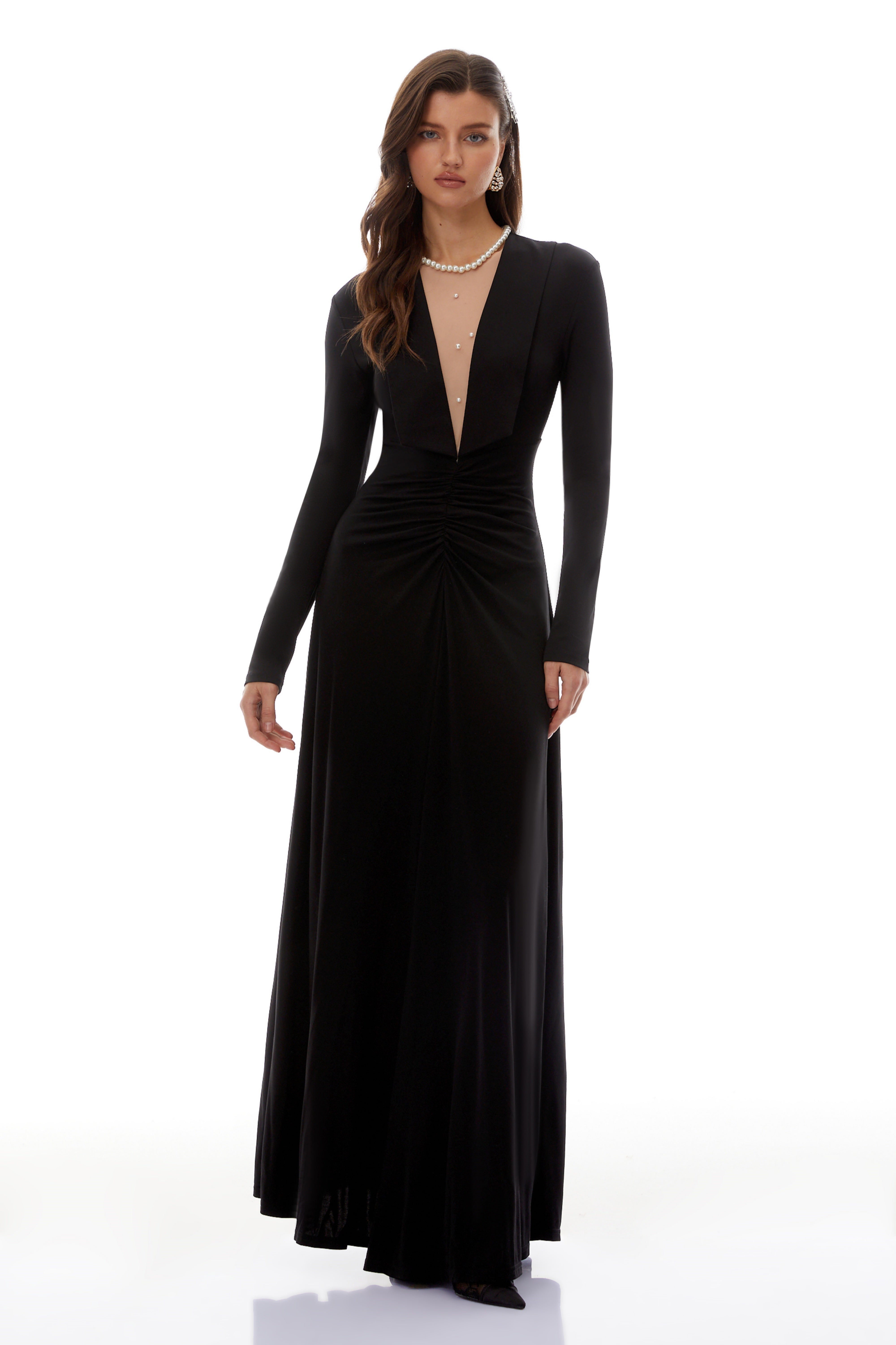 Sofia Black Cinched Waist Ruched Maxi Dress