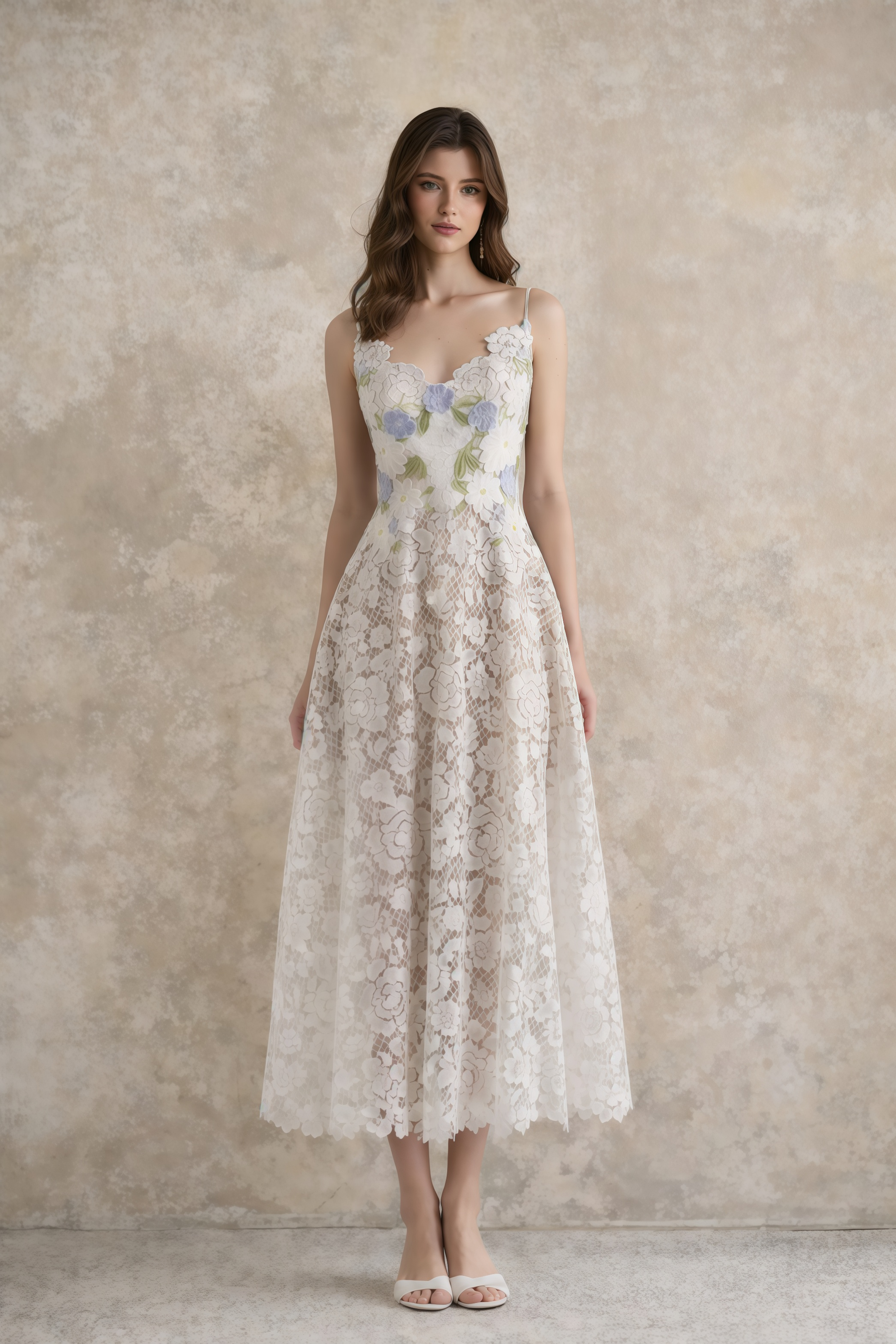 Solea Weißes Midi-Kleid mit floraler Stickerei und Spitze