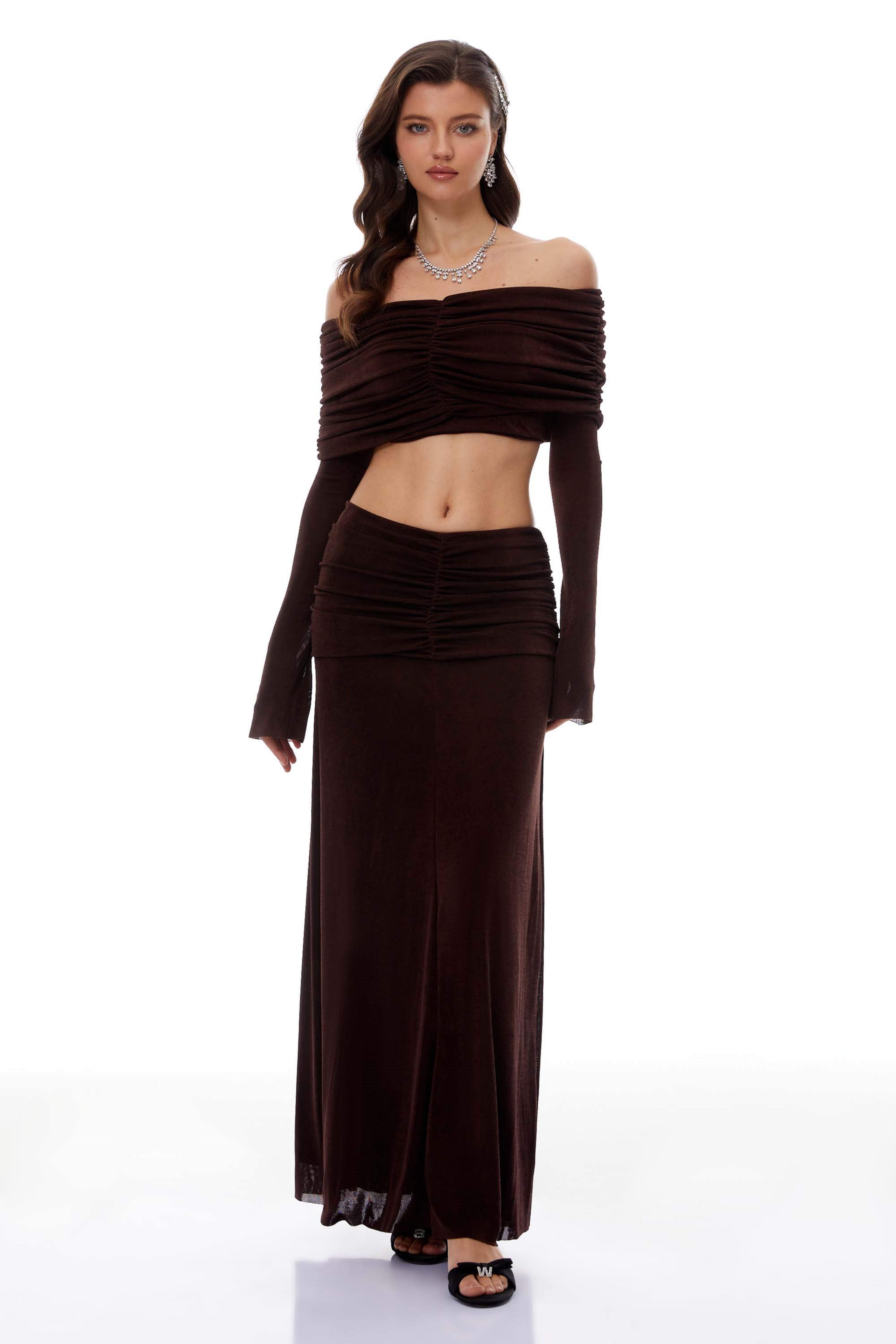 Solene Brown Off-Shoulder Top & Ruched Skirt Set