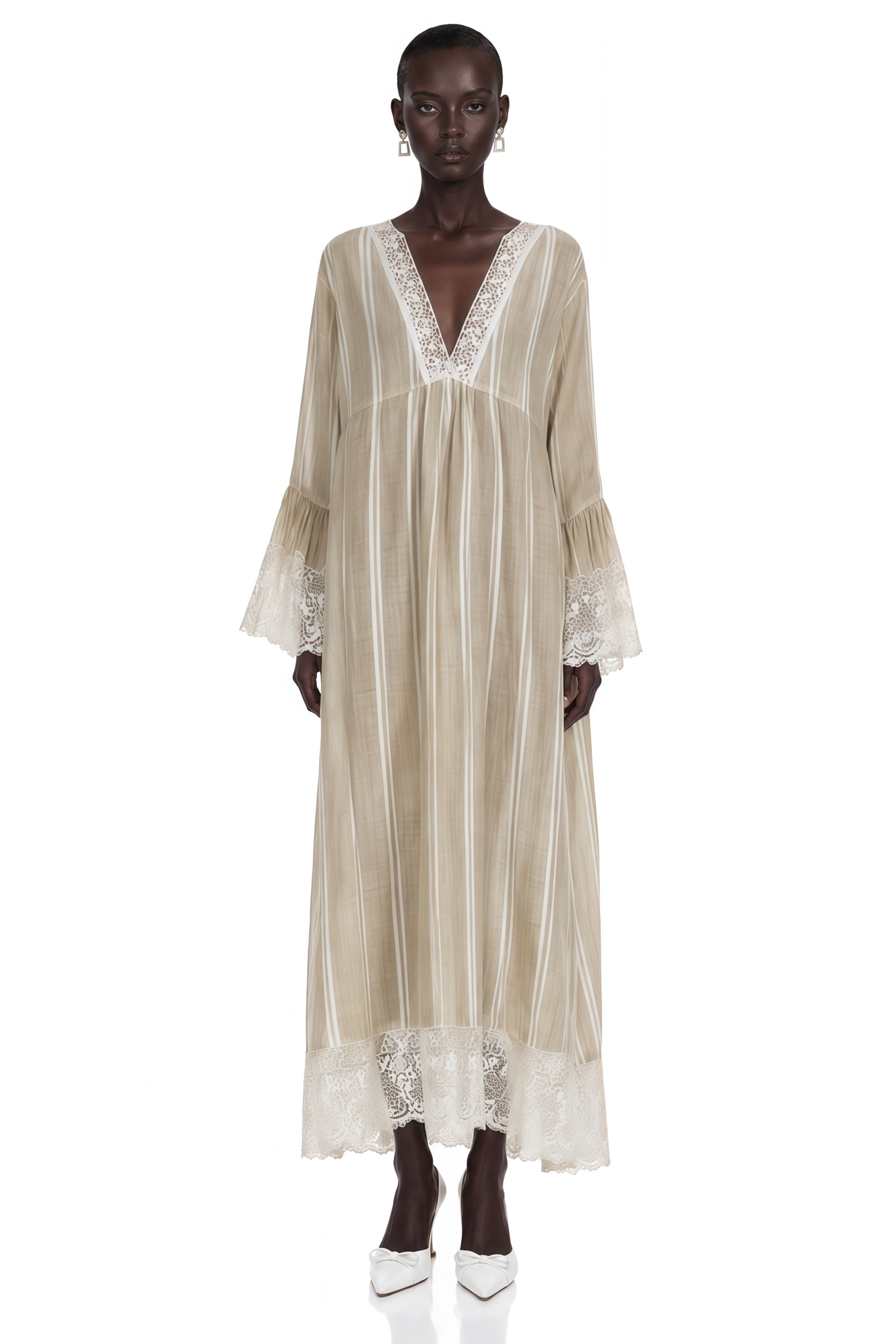 Solene Beige Striped Maxi Dress with Lace Trim