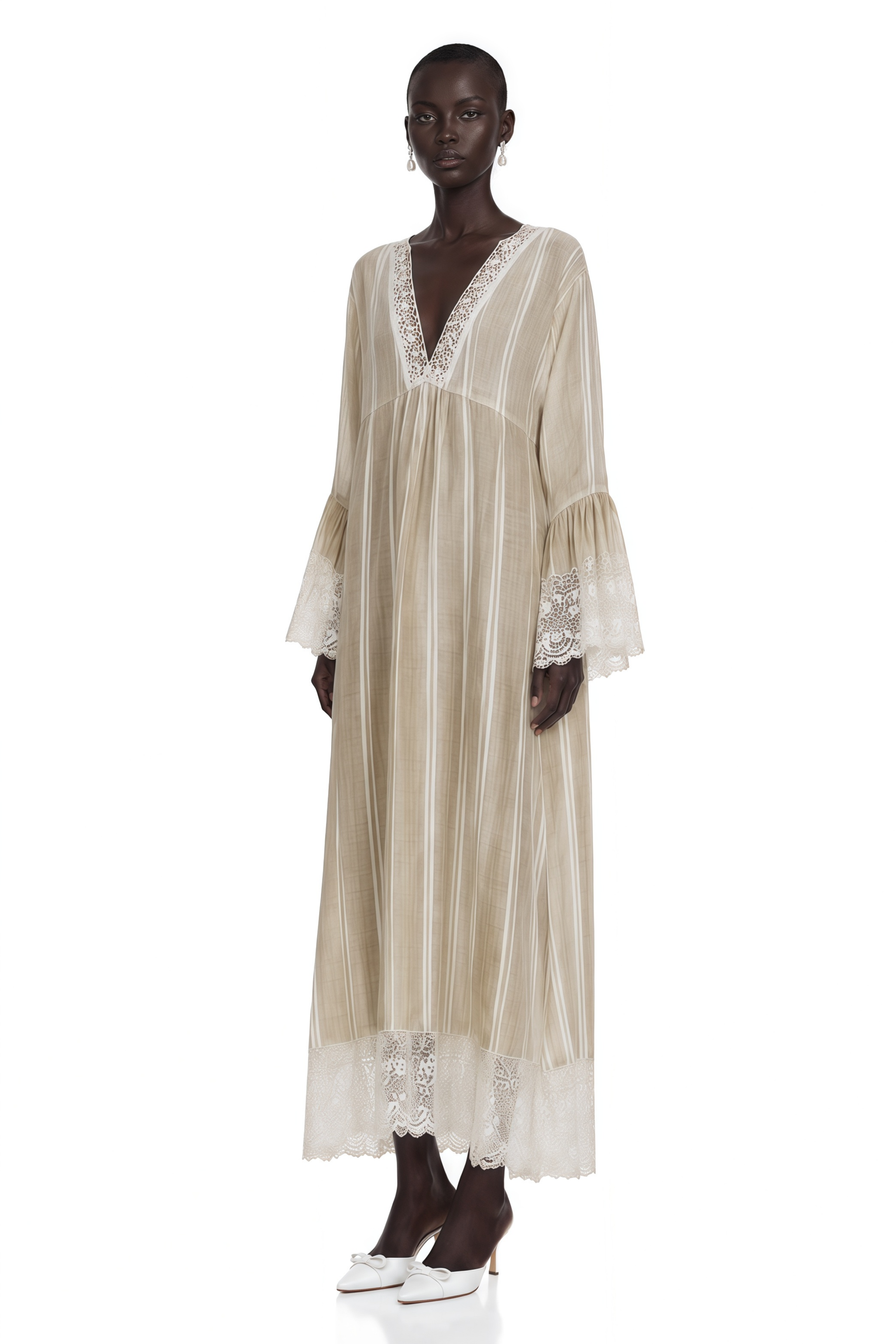 Solene Beige Striped Maxi Dress with Lace Trim