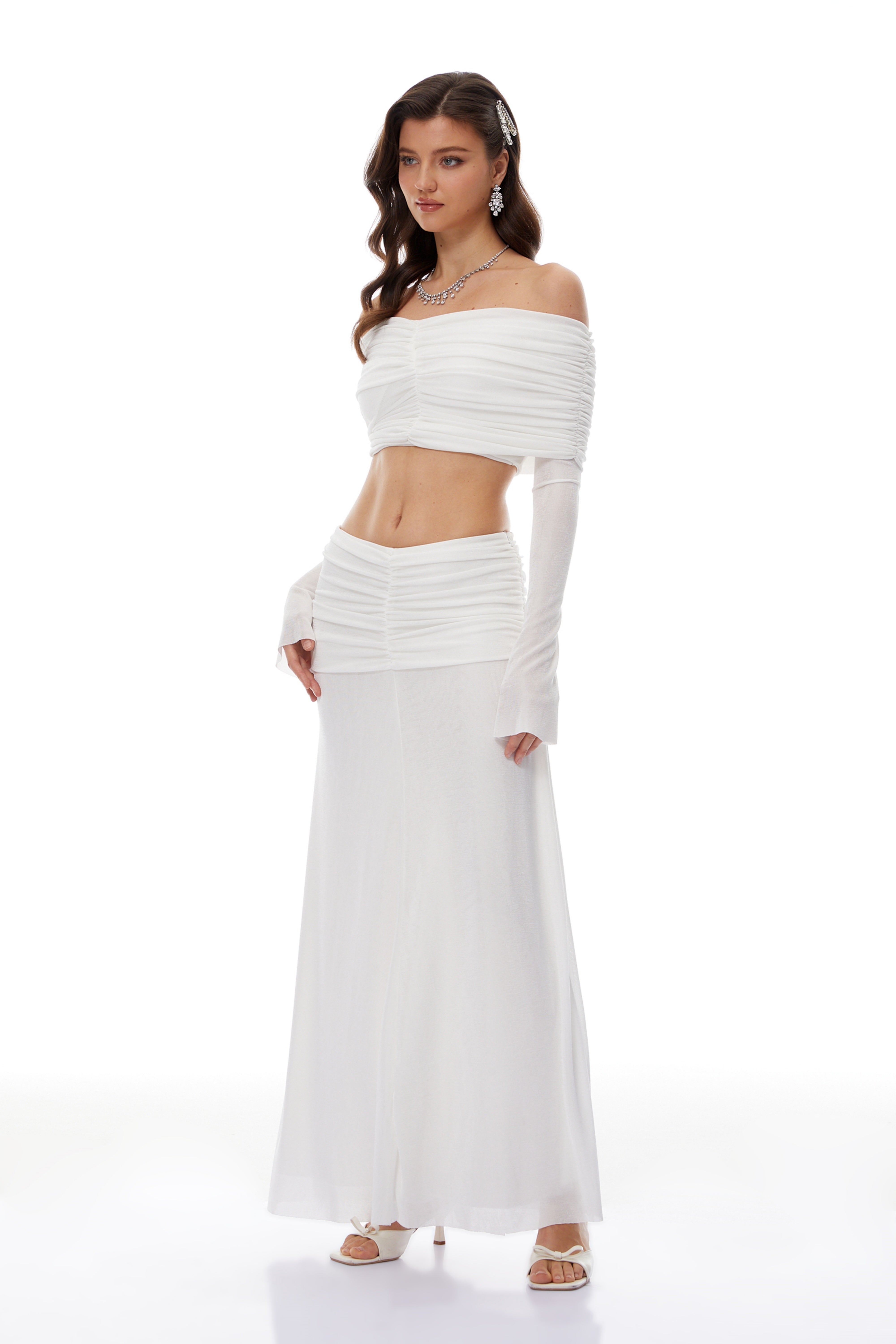Solene White Off-Shoulder Top & Ruched Skirt Set