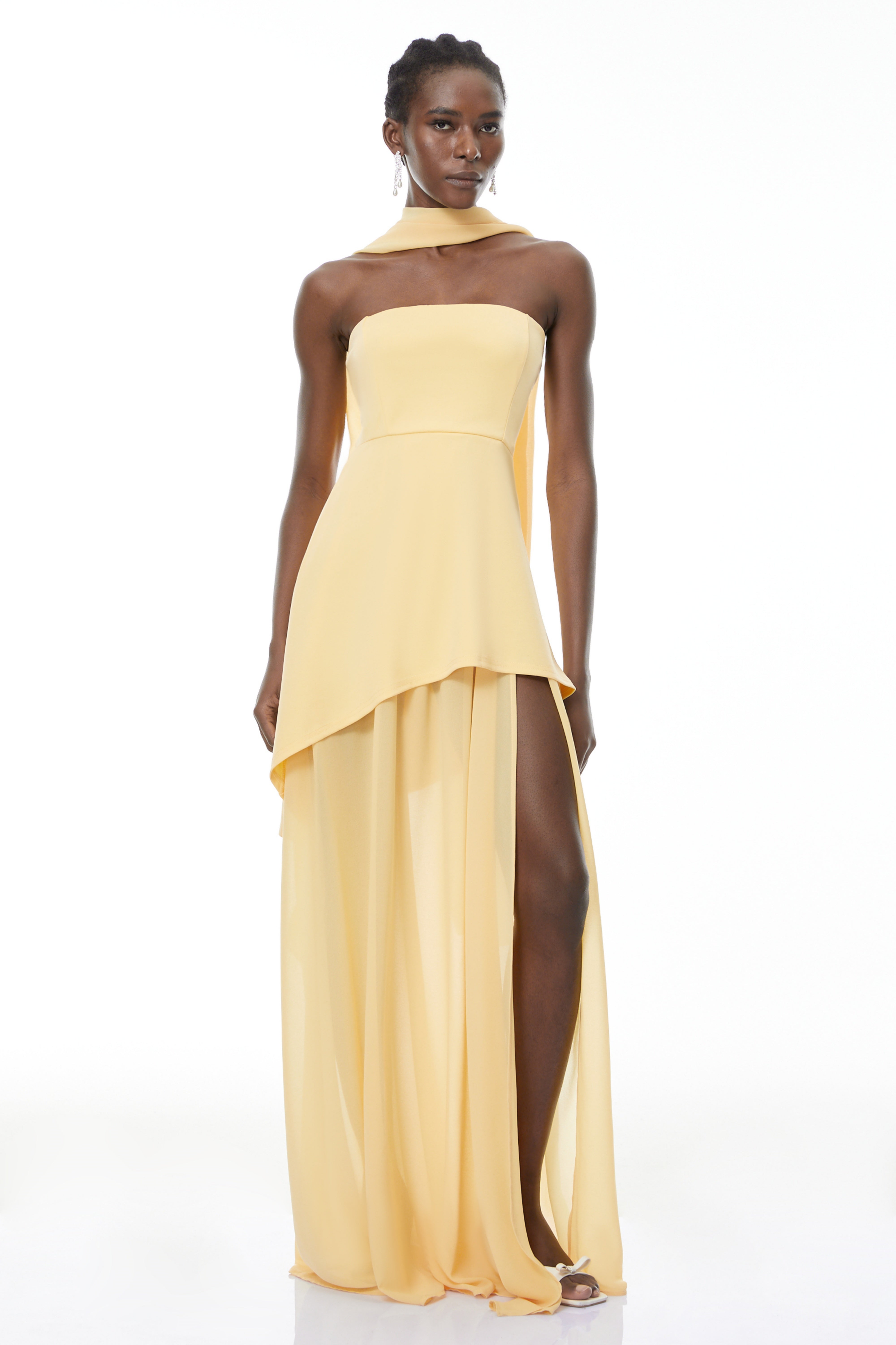 Solène Yellow Off-Shoulder Ruched Maxi Gown
