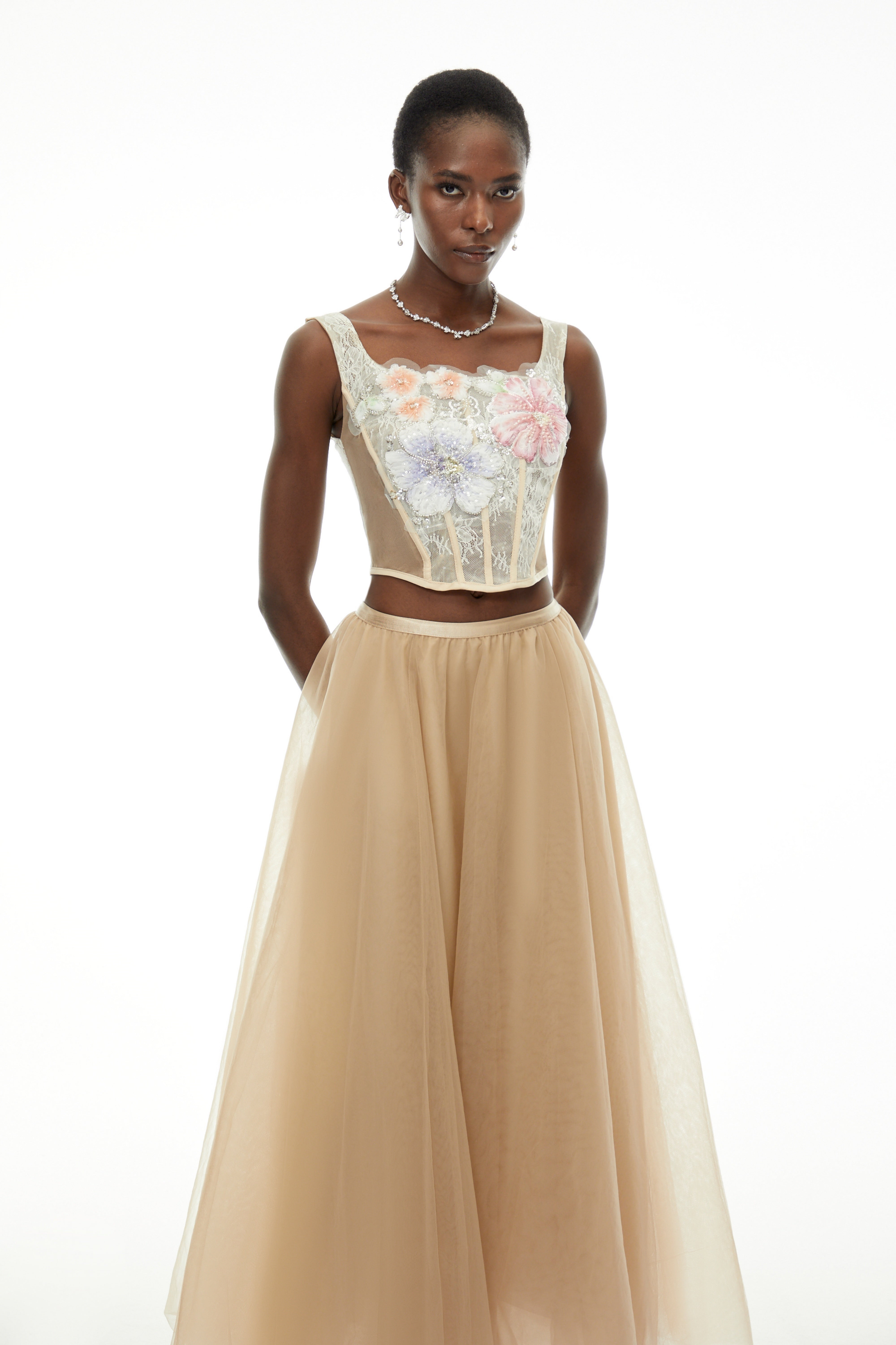 Solveig Champagne 3D Floral Applique Top & Skirt Set