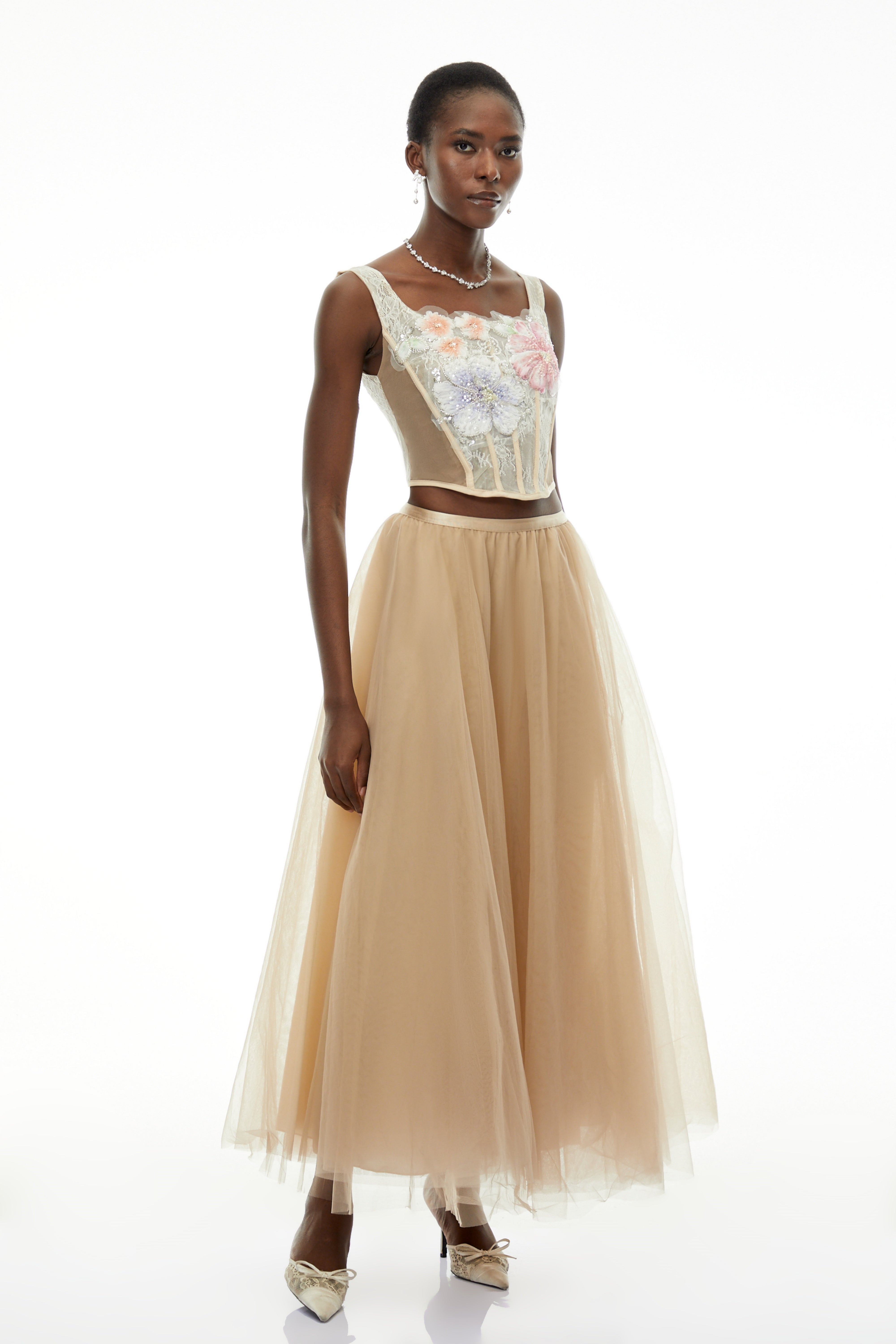 Solveig Champagne 3D Floral Applique Top & Skirt Set