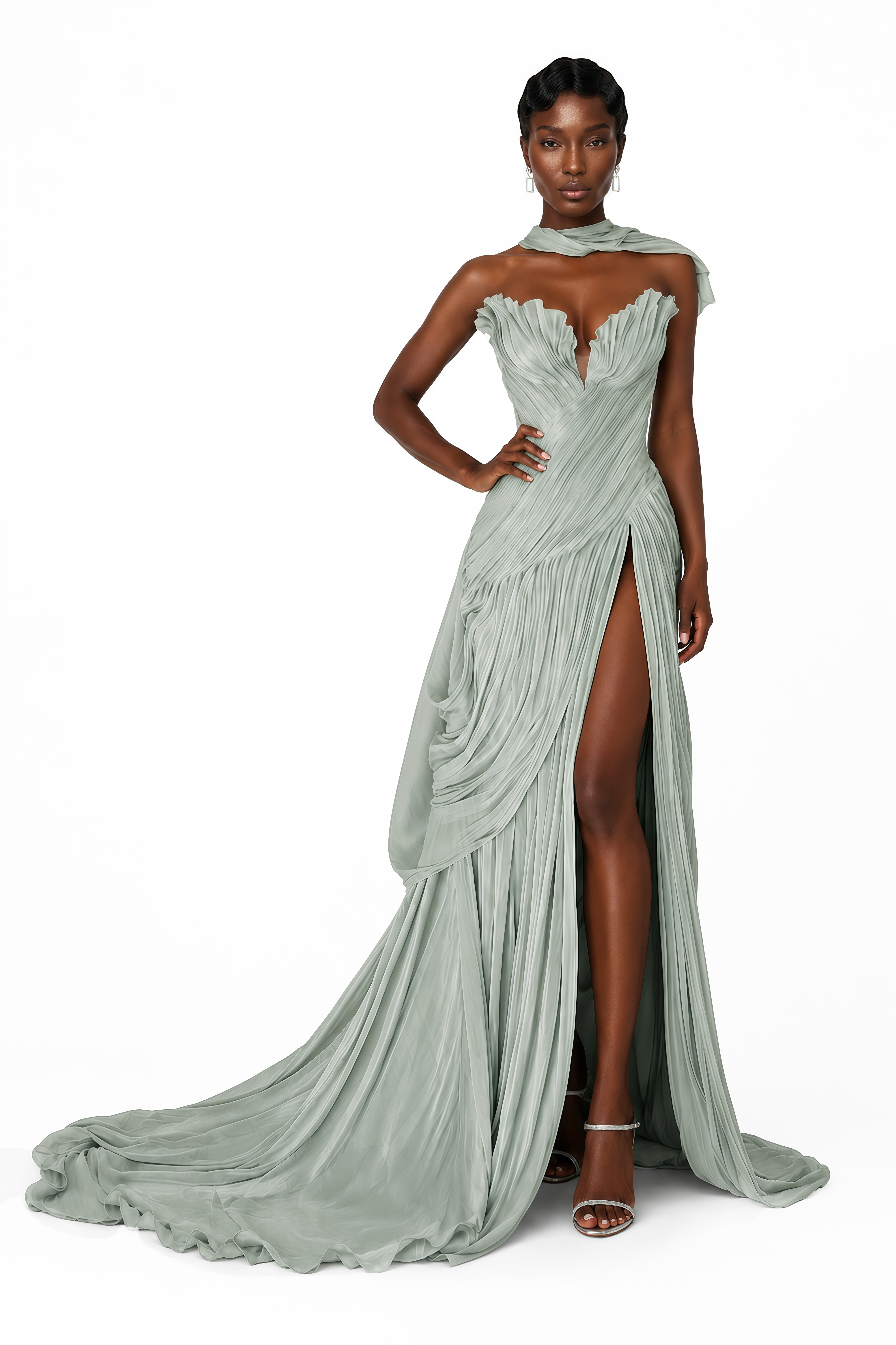 Solveig Green Off Shoulder Pleated Maxi Dress with Hign Slit