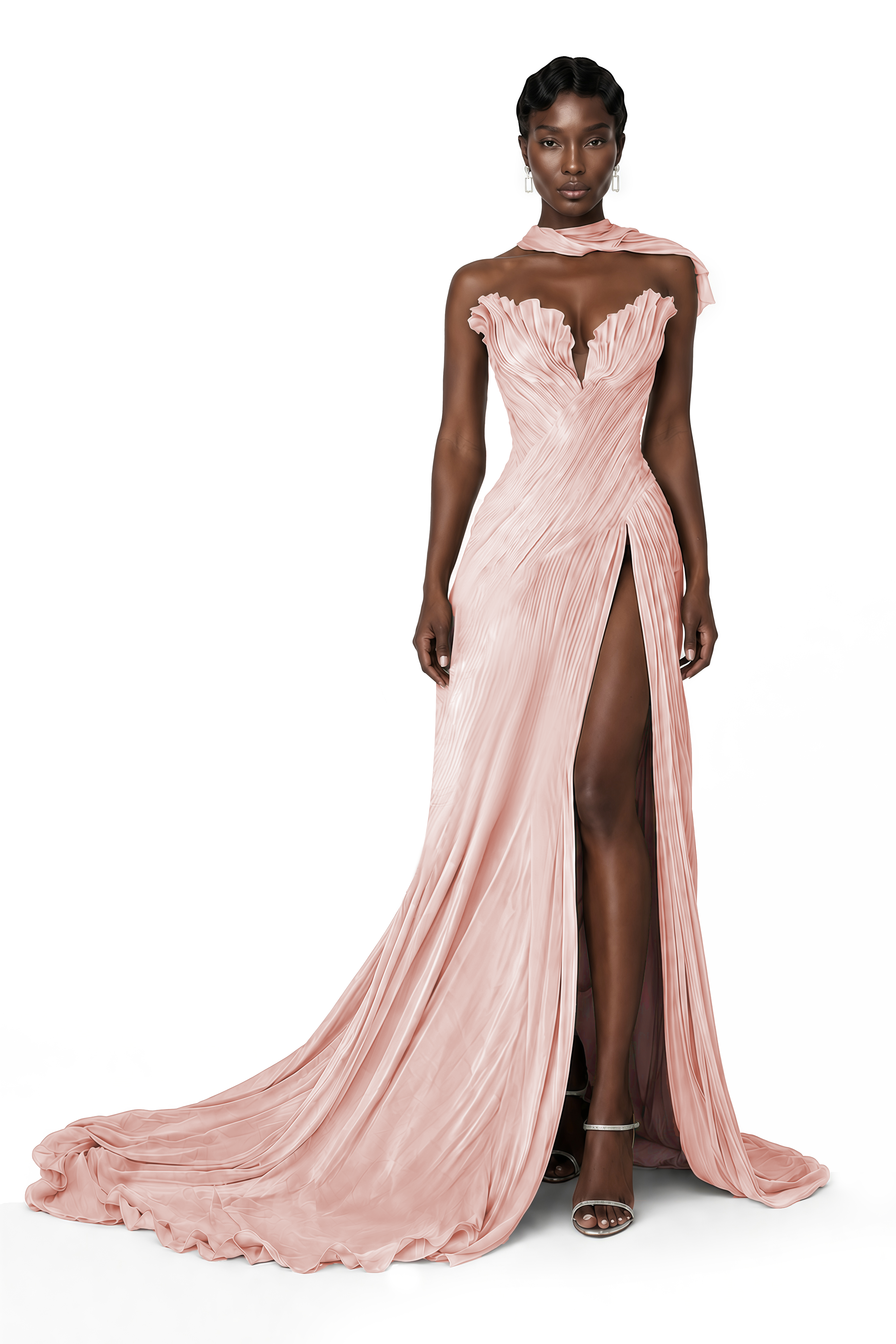 Solveig Pink Off Shoulder Pleated Maxi Dress with Hign Slit