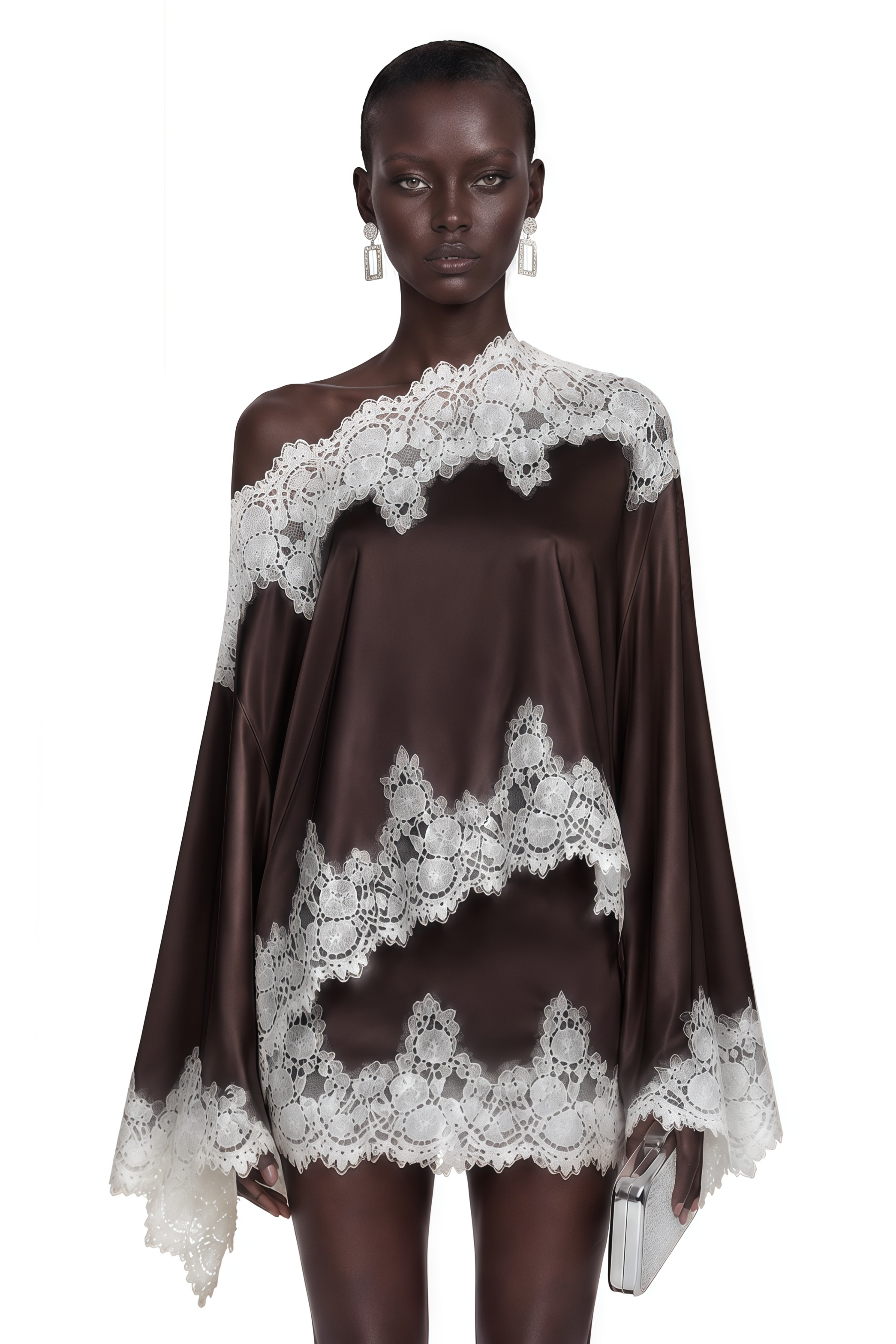 Sophia Brown One Shoulder Top & Skirt Set with Lace Trim
