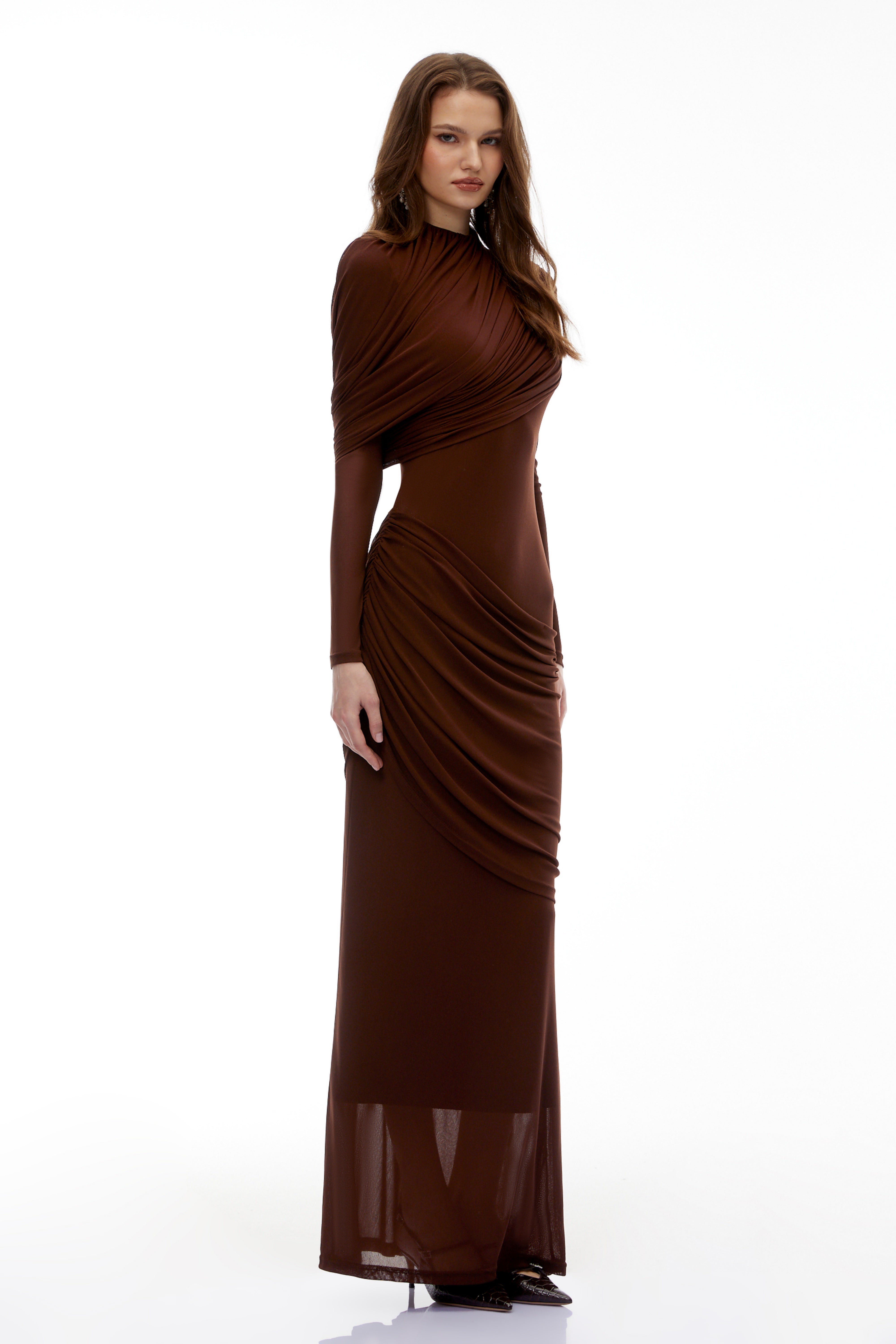 Maxikleid „Sophia“ aus drapiertem Jersey in Schokoladenbraun